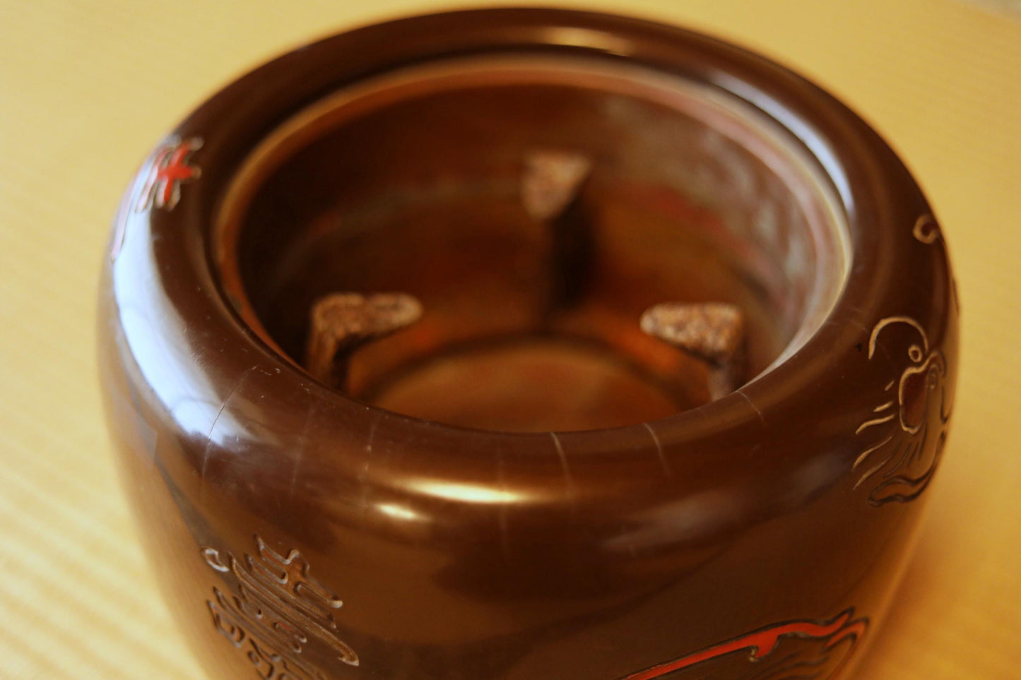 Antique Japanese Hibachi - Hand Carved Wooden Brazier Set With Kanji & Copper Lining