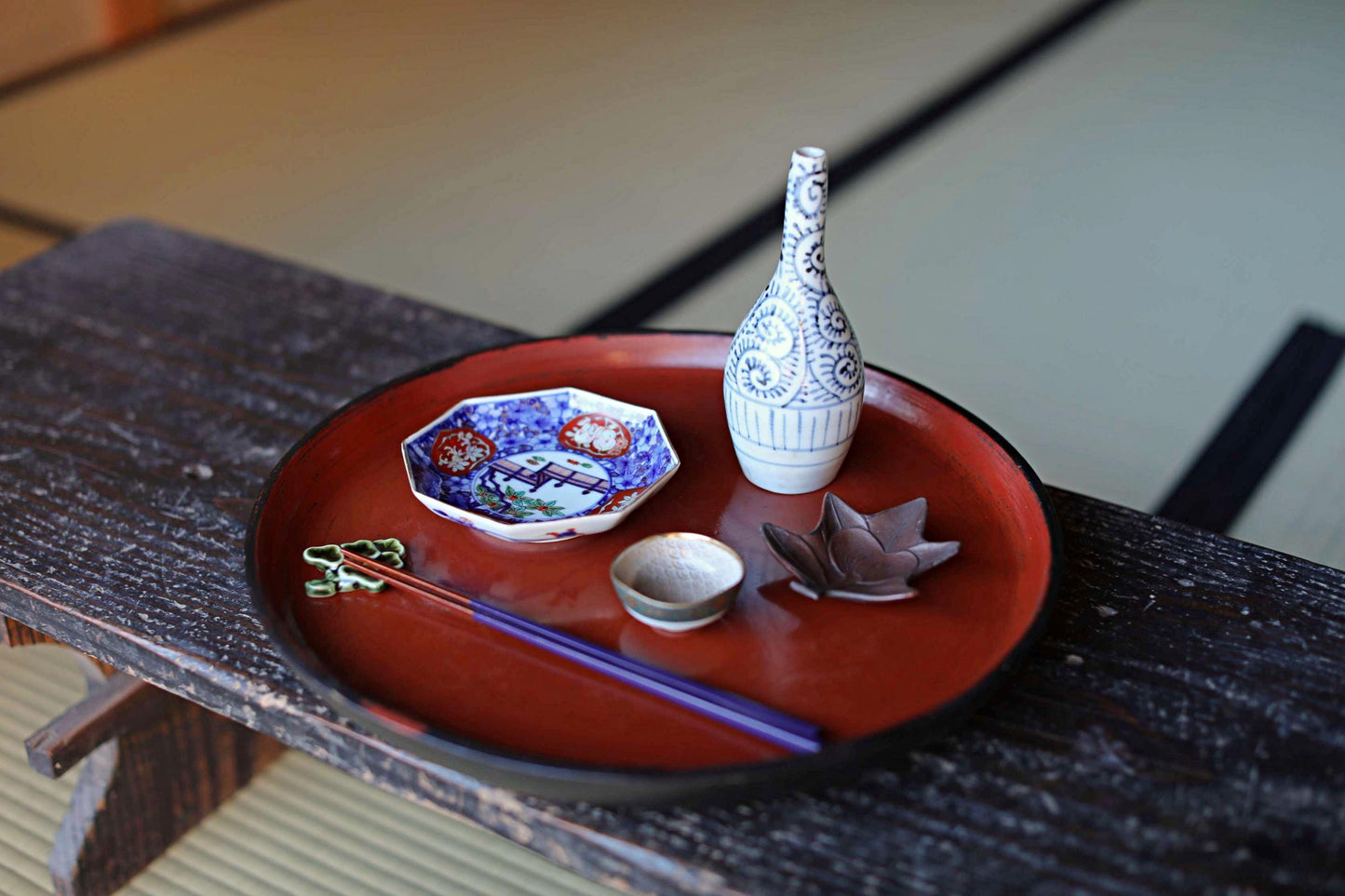 Japanese Lacquer Tray - Antique Negoro Style Obon Round Tea Tray with Vermilion Patina
