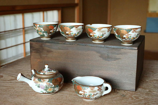 Kutani Antique Tea Set - Hand Painted Ceramic Sencha Cups & Gold Floral Tableware