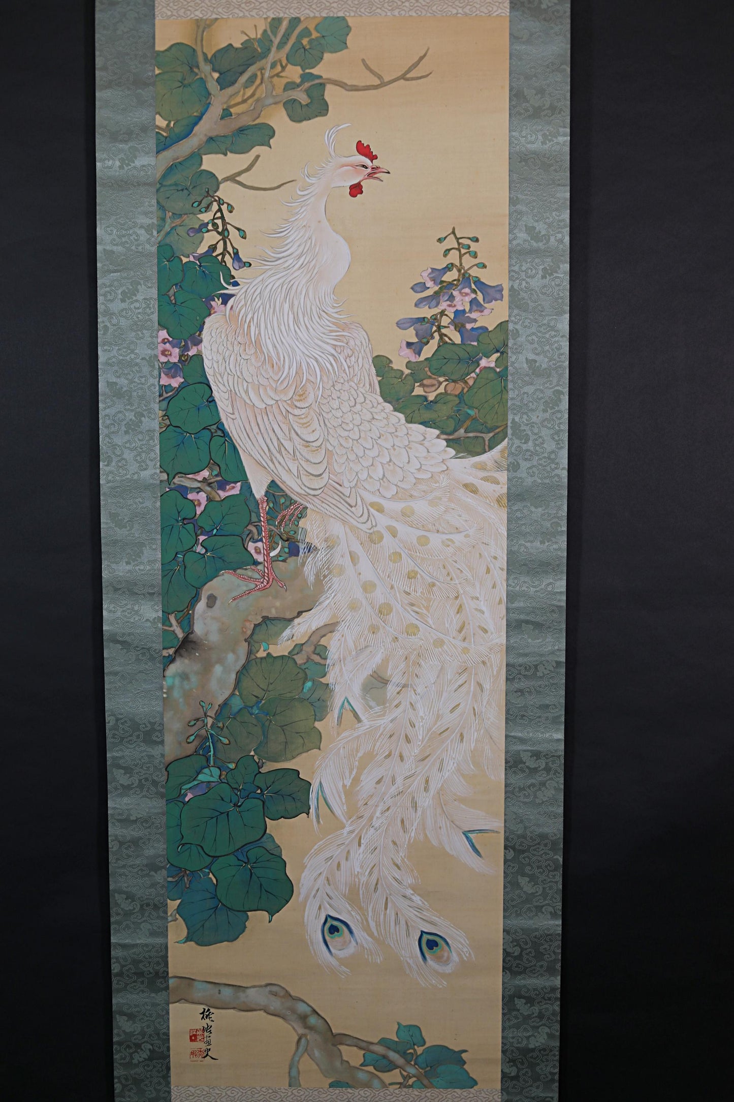 Japanese Antique Scroll Painting - Signed Kakejiku Artwork with Phoenix on Paulownia Silk Mounted Scroll