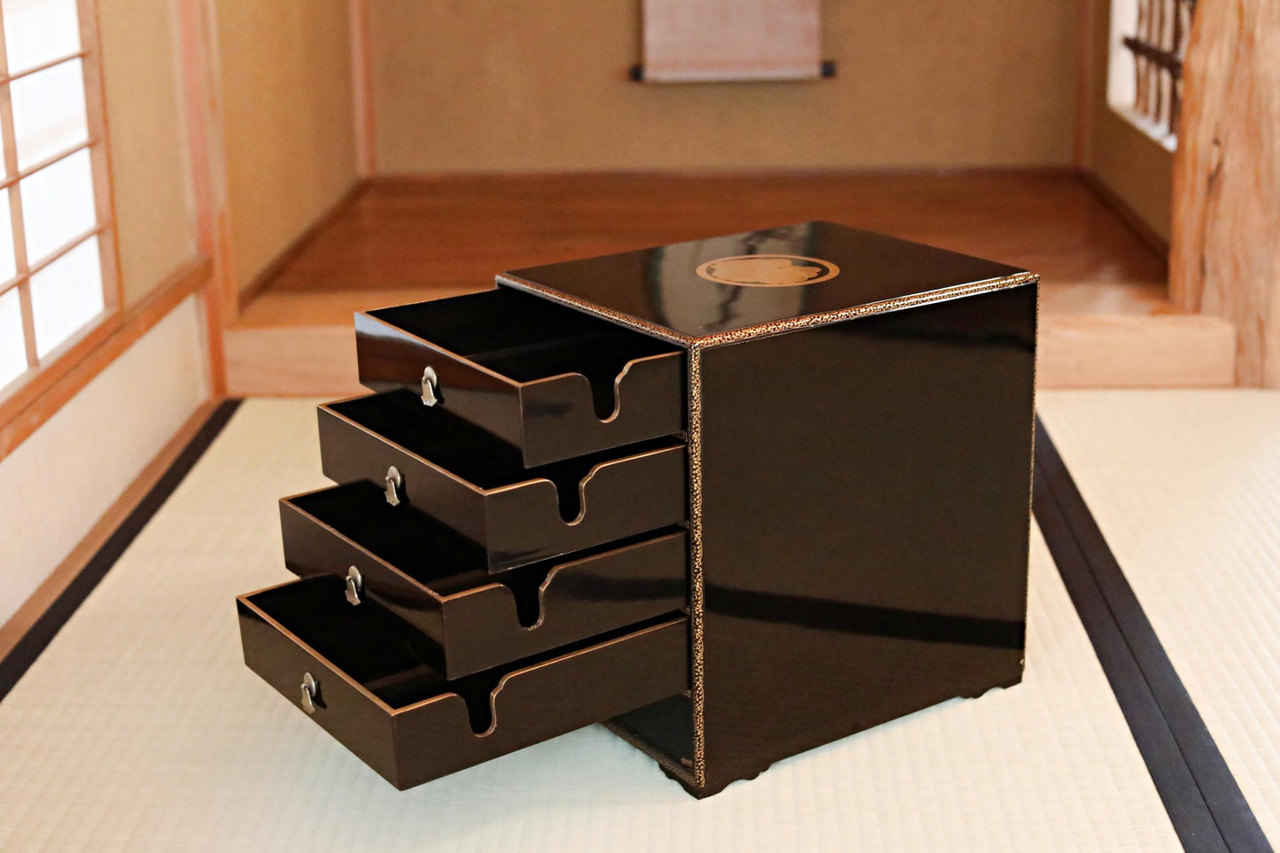 Tansu Chest: Black Lacquer Japanese Temple Chest With Gold Makie Family Crest & Glossy Finish