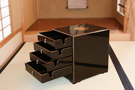 Tansu Chest: Black Lacquer Japanese Temple Chest With Gold Makie Family Crest & Glossy Finish