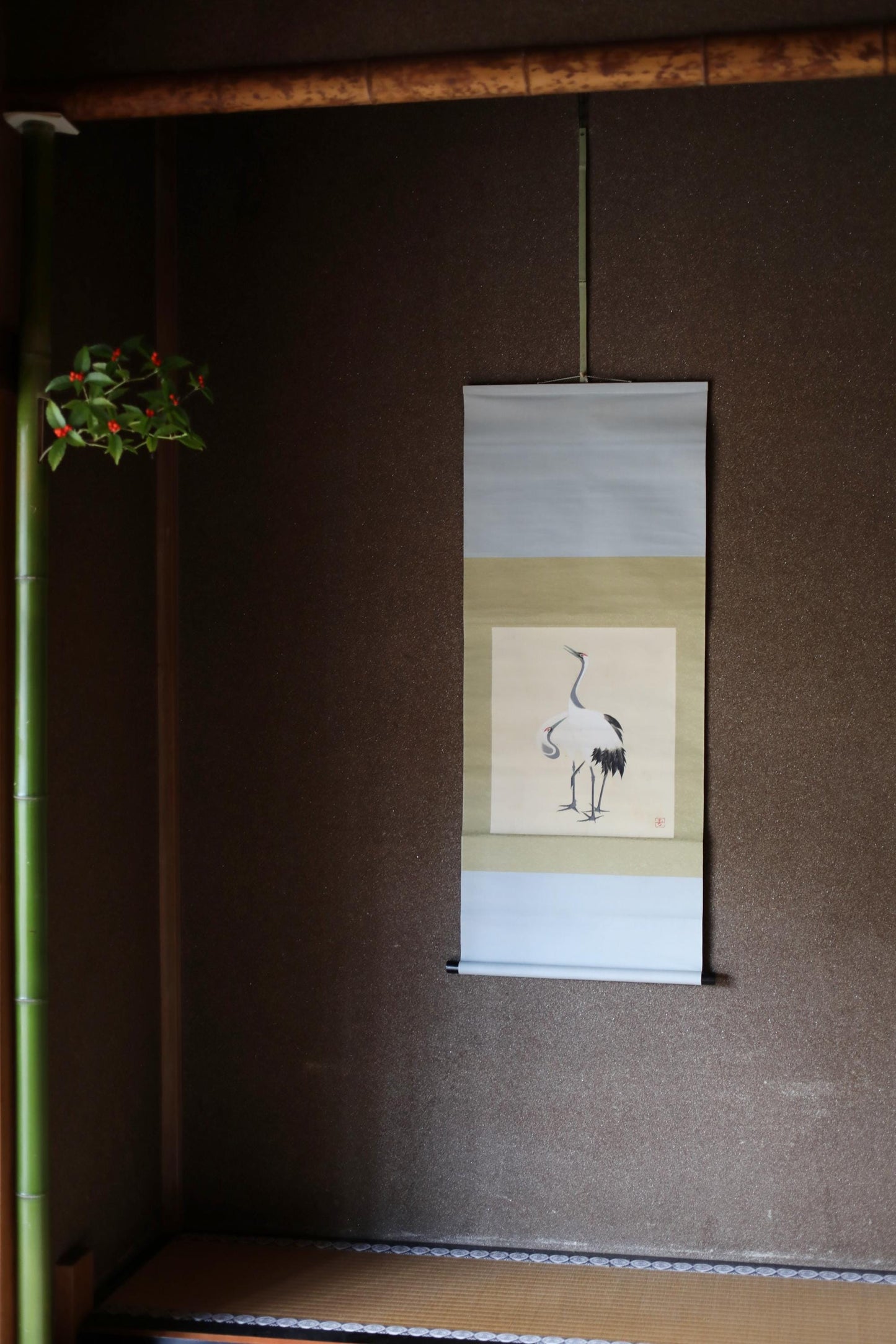 Japanese Hanging Scroll - Vintage Silk Mounted Painting of Pair of Cranes Artwork