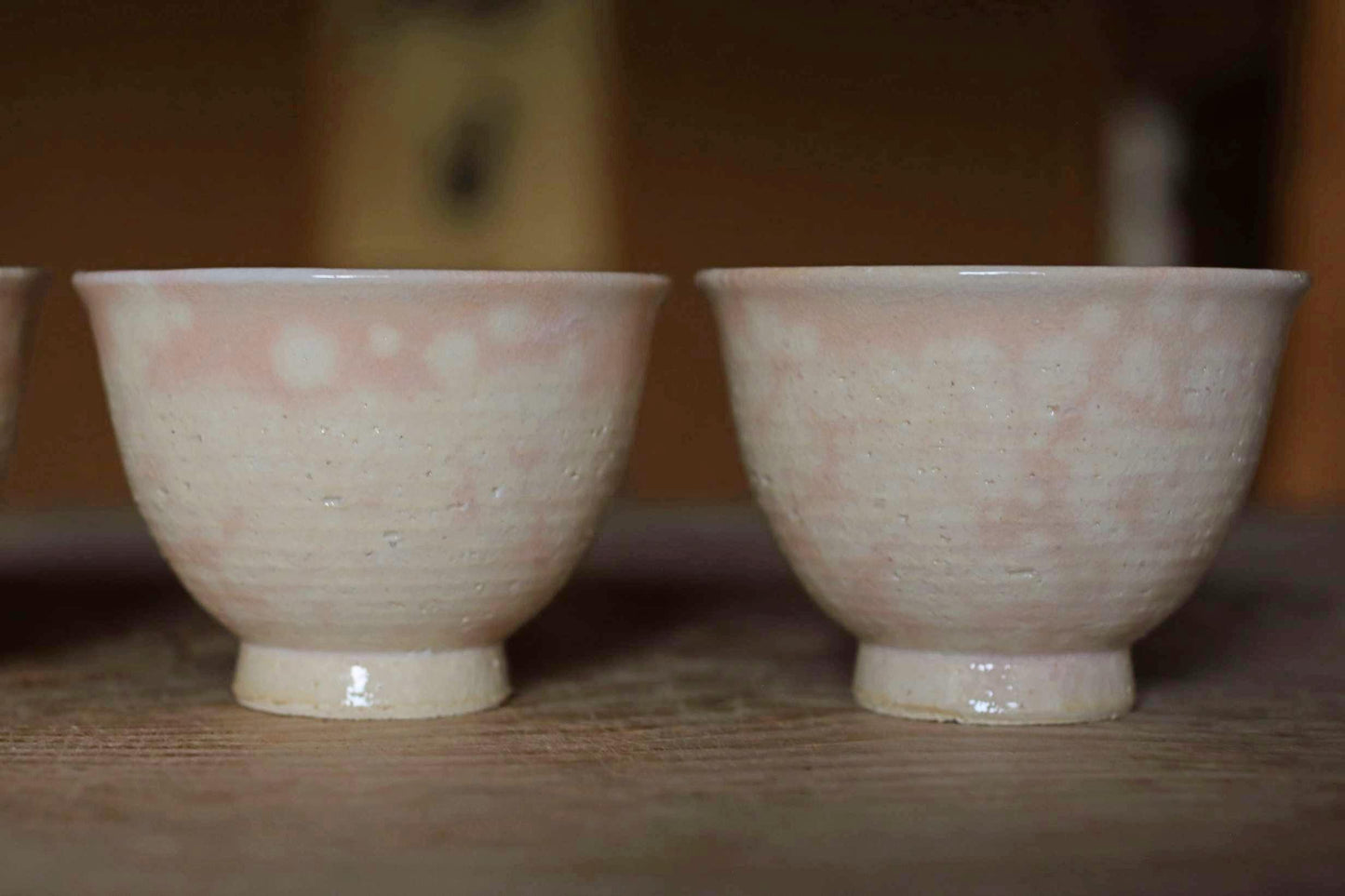 Vintage Hagi Ware Tea Cups - Set of Five Handmade Ceramic Yunomi Cups with Wooden Box