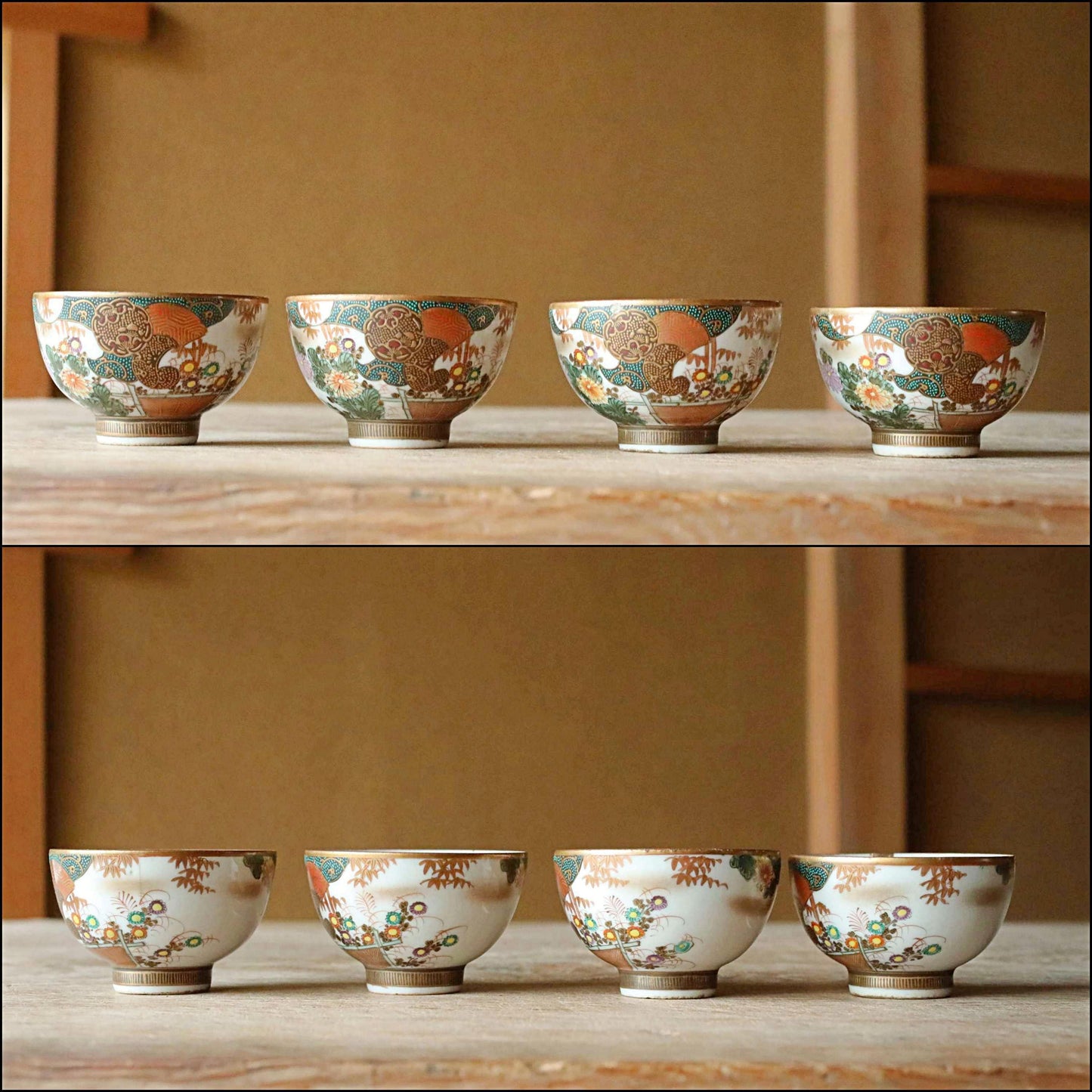 Kutani Antique Tea Set - Hand Painted Ceramic Sencha Cups & Gold Floral Tableware
