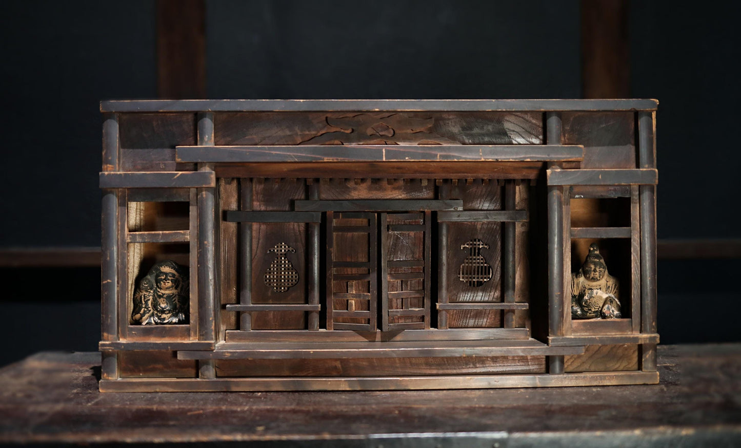 Japanese Zushi Cabinet Antique Kamidana Shelf – Shinto Shrine Altar With Ebisu And Daikoku Dolls