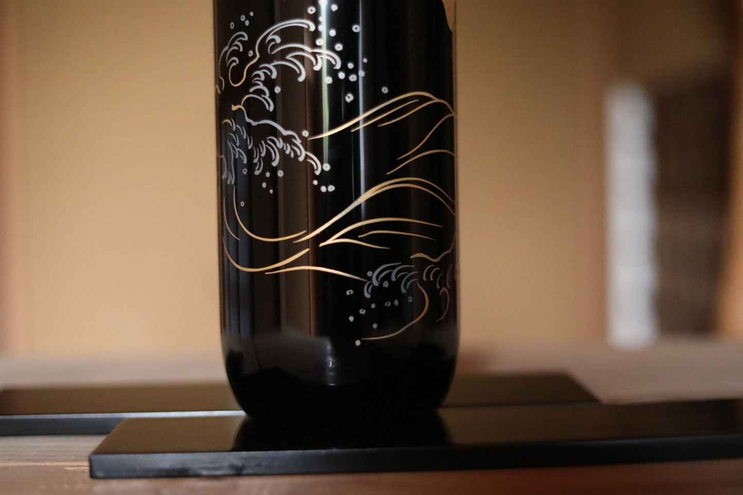 Japanese Lacquer Vase - Black Makie Flower Vase With Gold Bird Art & Wave Design