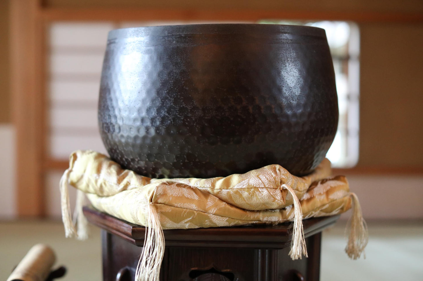 Japanese Chanting Bell - Large Orin Bronze Singing Bowl with Karaki Wood Stand