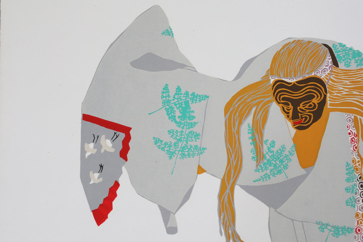 The image is a stylized, abstract artwork featuring a figure with a face and long hair, wearing a white garment with green and red accents. The figure appears to be a human-like creature with a face and long hair, possibly resembling a mask or a figure from a fantasy or mythology scene. The artwork is predominantly white, with accents of green and red.