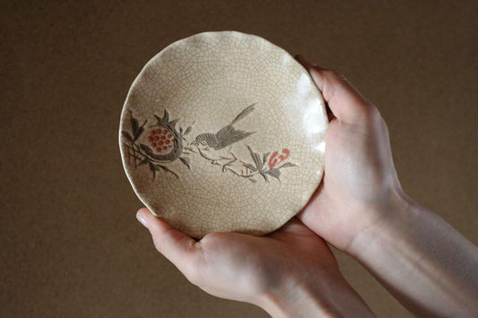 Shino Plates Set - Japanese Antique Tableware | Bird Pomegranate Design, 5 Handmade Ceramic Plates