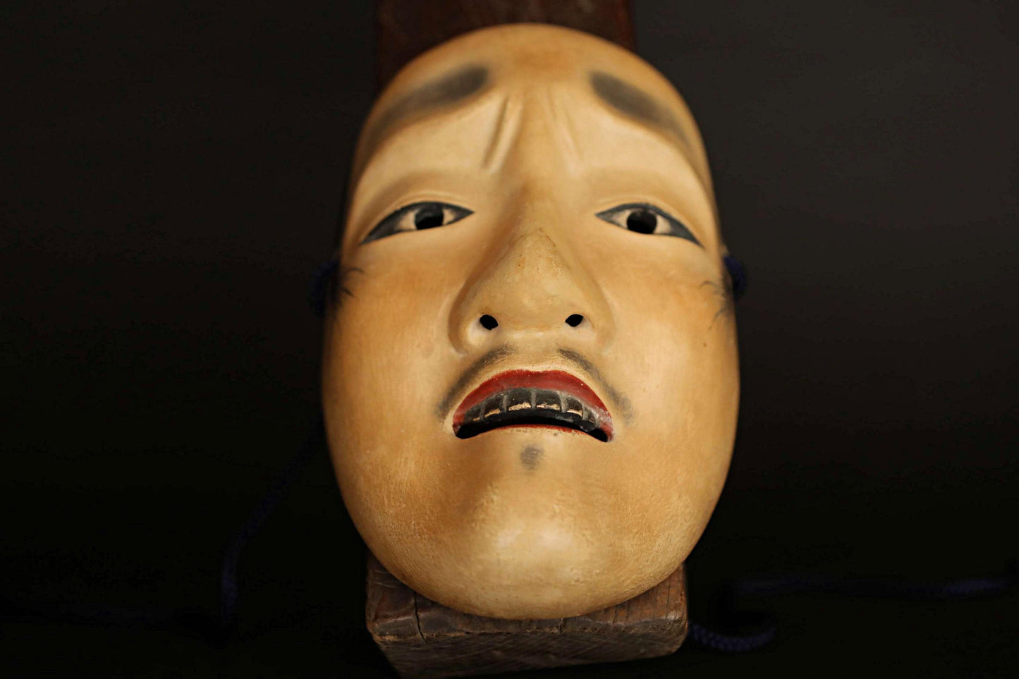 Antique Japanese Noh Mask - Chujo Samurai Hand Carved Wood Carving Art with Silk Bag