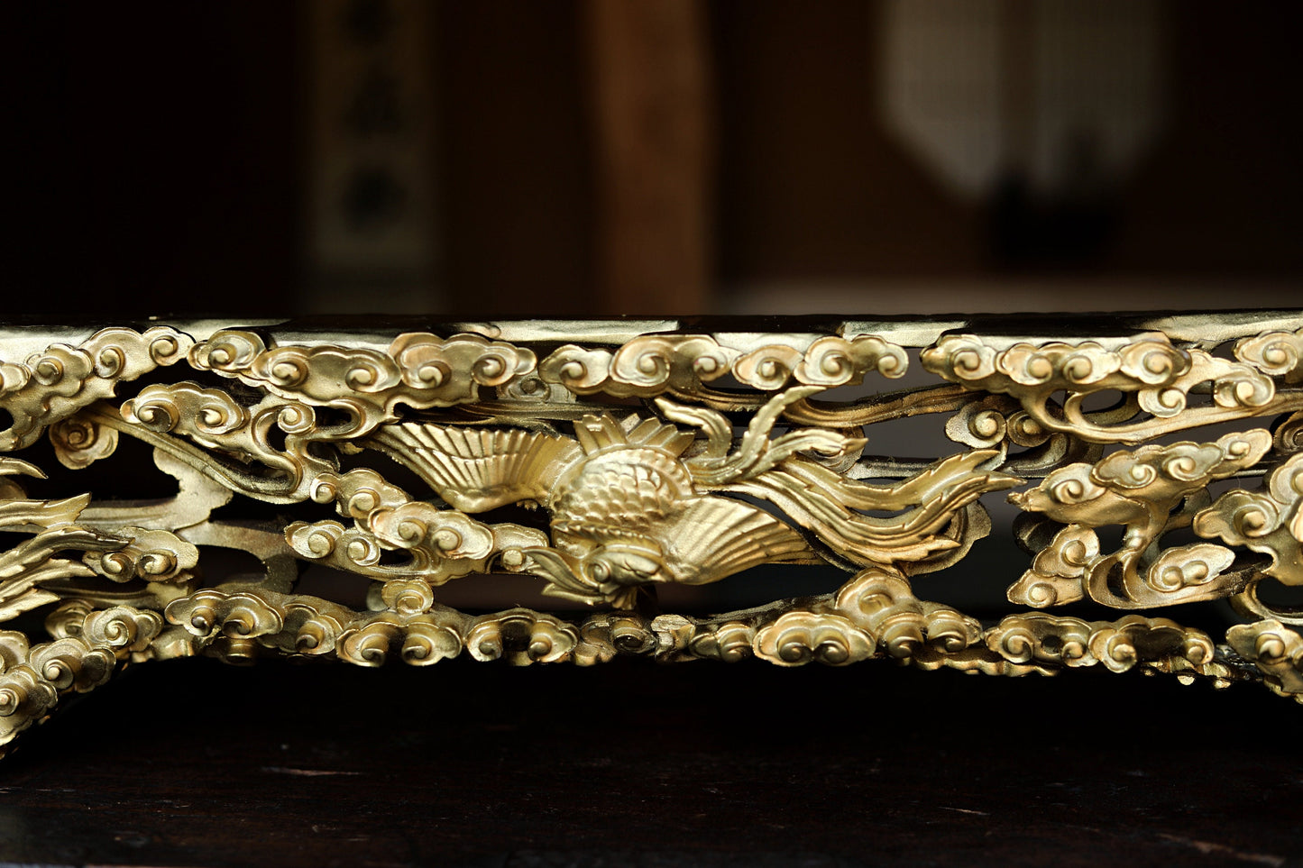 Japanese Gold Phoenix Carving – Hand Carved Wood Panel With Celestial Clouds