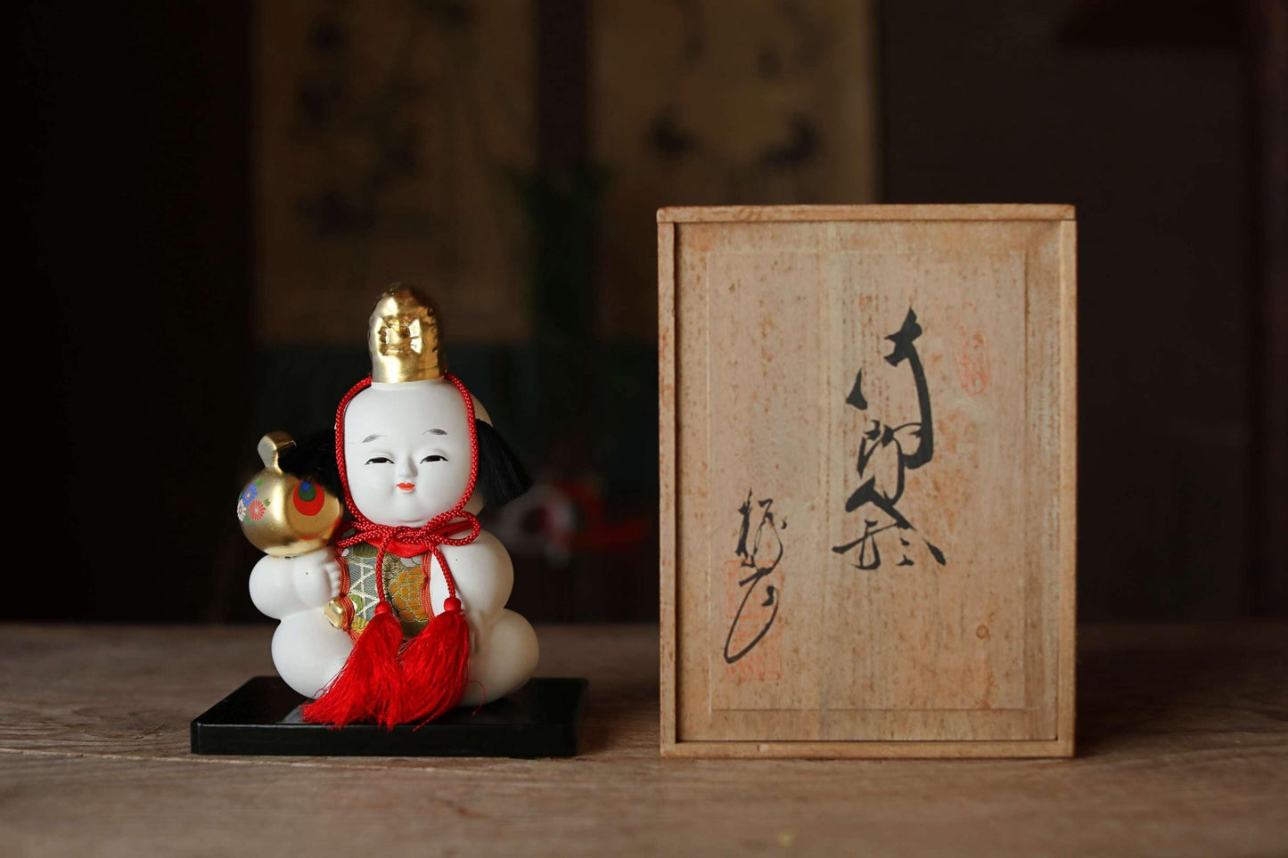 Gosho Doll Pottery – Japanese Antique Court Doll with Golden Hammer Charm