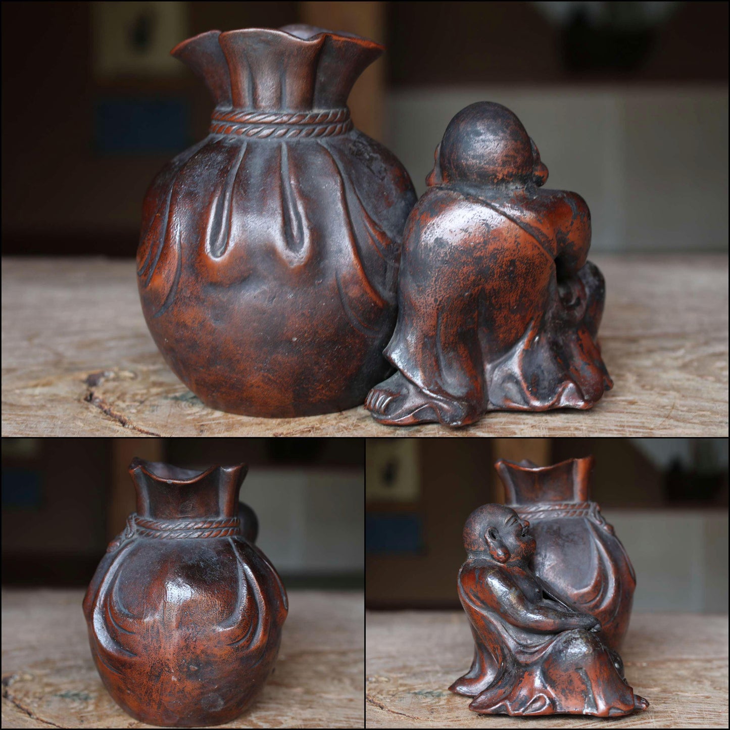 Antique Hotei Figurine – Edo Period Japanese Pottery Coin Box With Wooden Gift Box