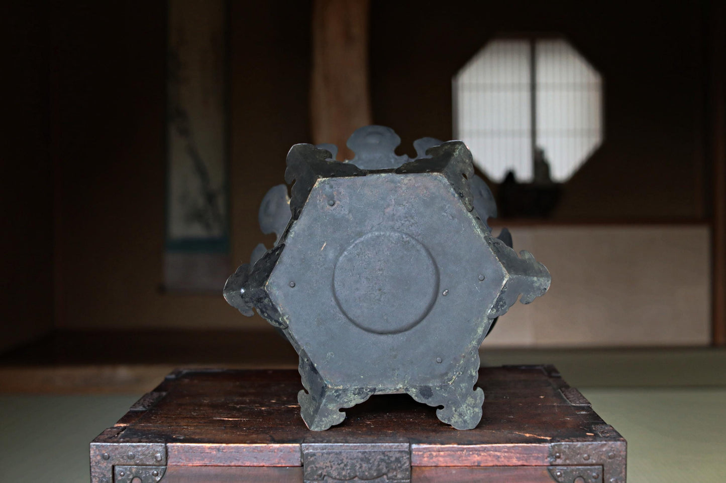 Japanese Buddhist Lantern - Antique Bronze Hanging Temple Lantern with Lotus Flower Design