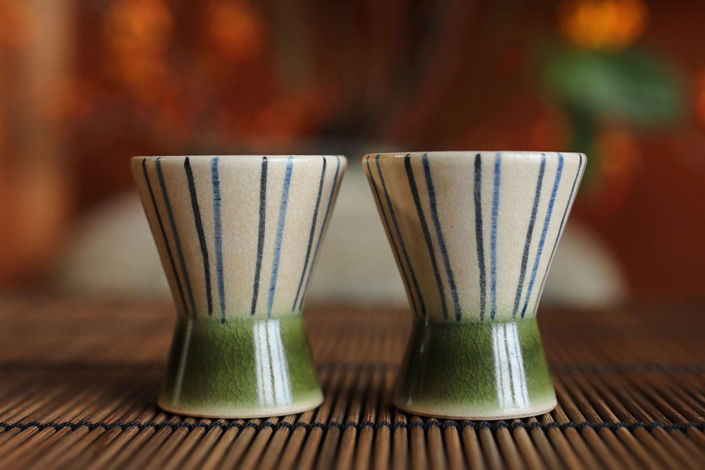 Oribe Vintage Sake Set - Signed Ceramic Tokkuri Bottle with Wooden Tray