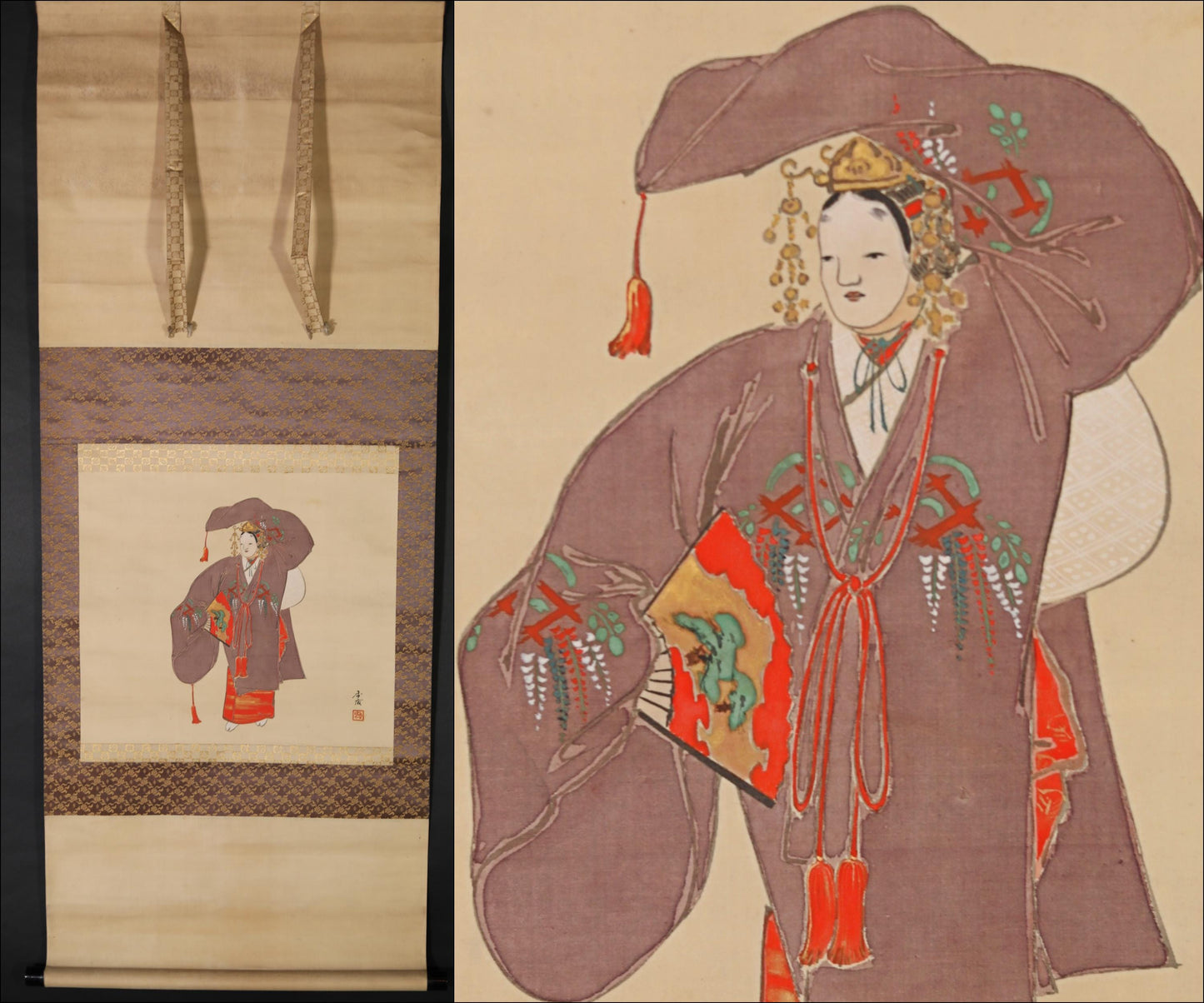 Japanese Hanging Scroll - Vintage Silk Noh Mask Painting | Traditional Kakejiku Art