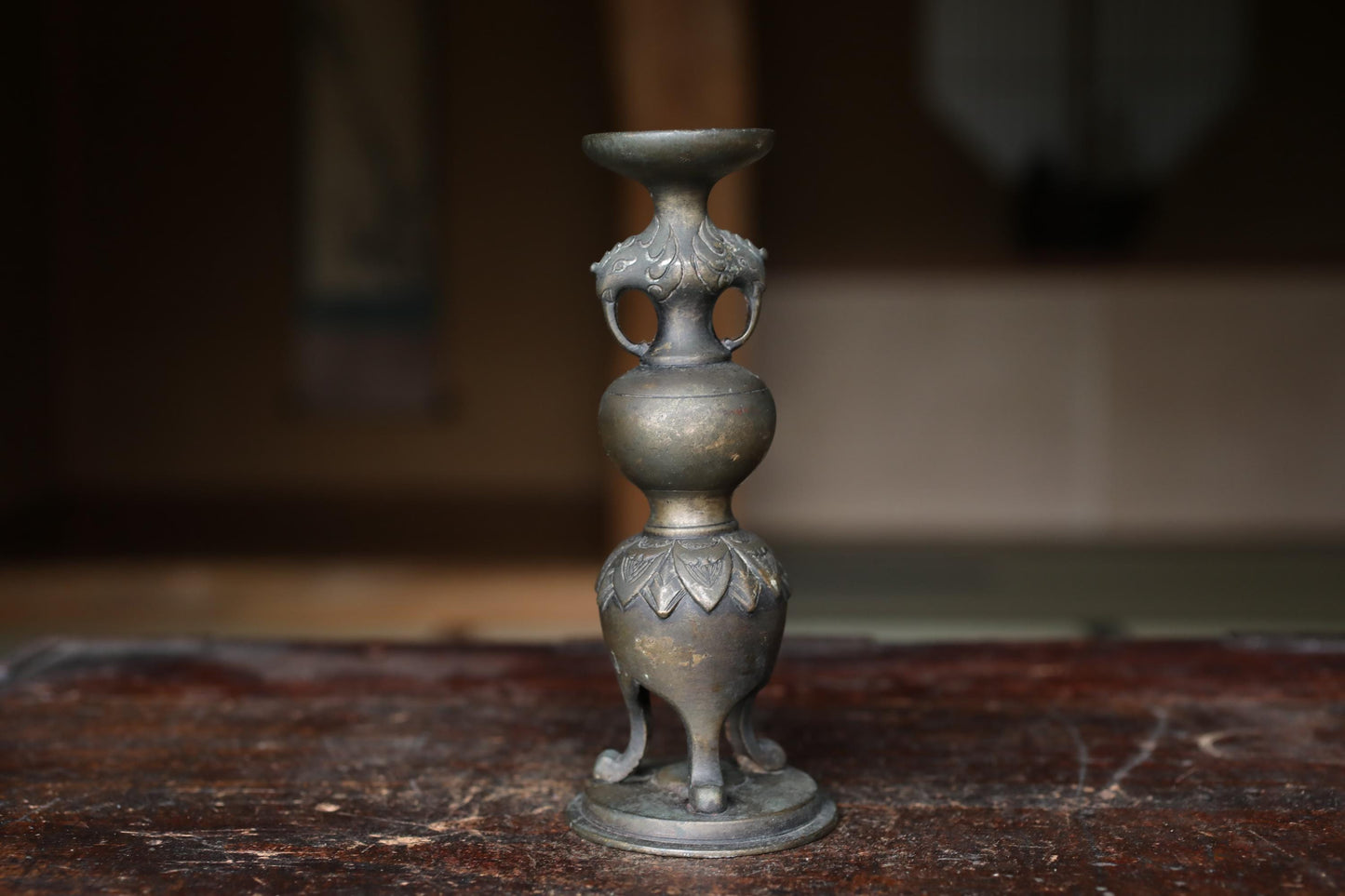 Antique Brass Candlestick - Japanese Cast Metal Elephant Motif | Buddhist Altar Decor