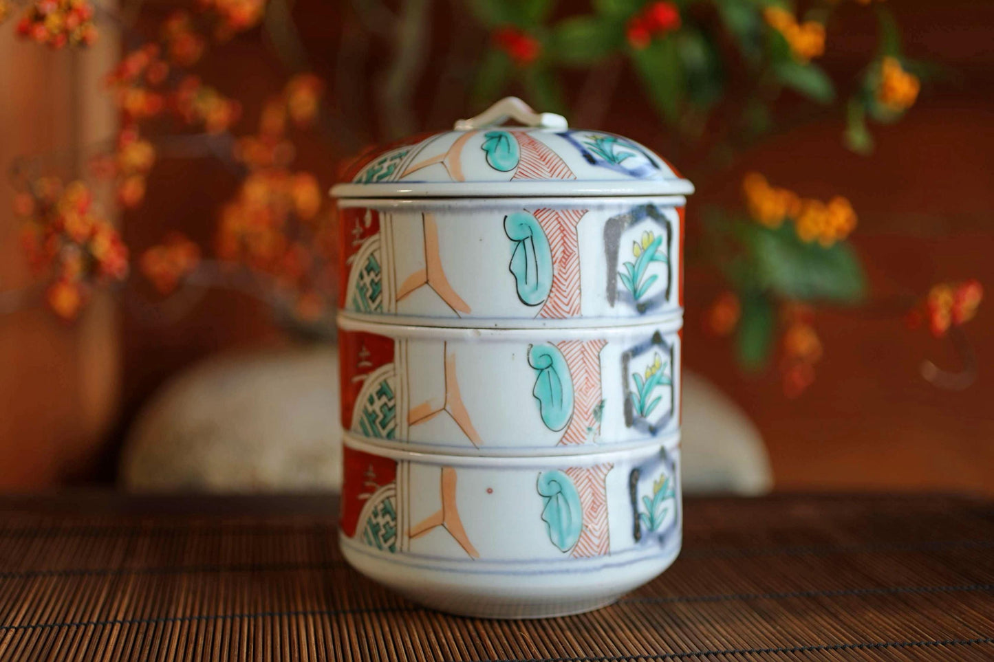 Jubako- Antique Porcelain Box, Seaweed Pattern, Stacking Ceramic Container