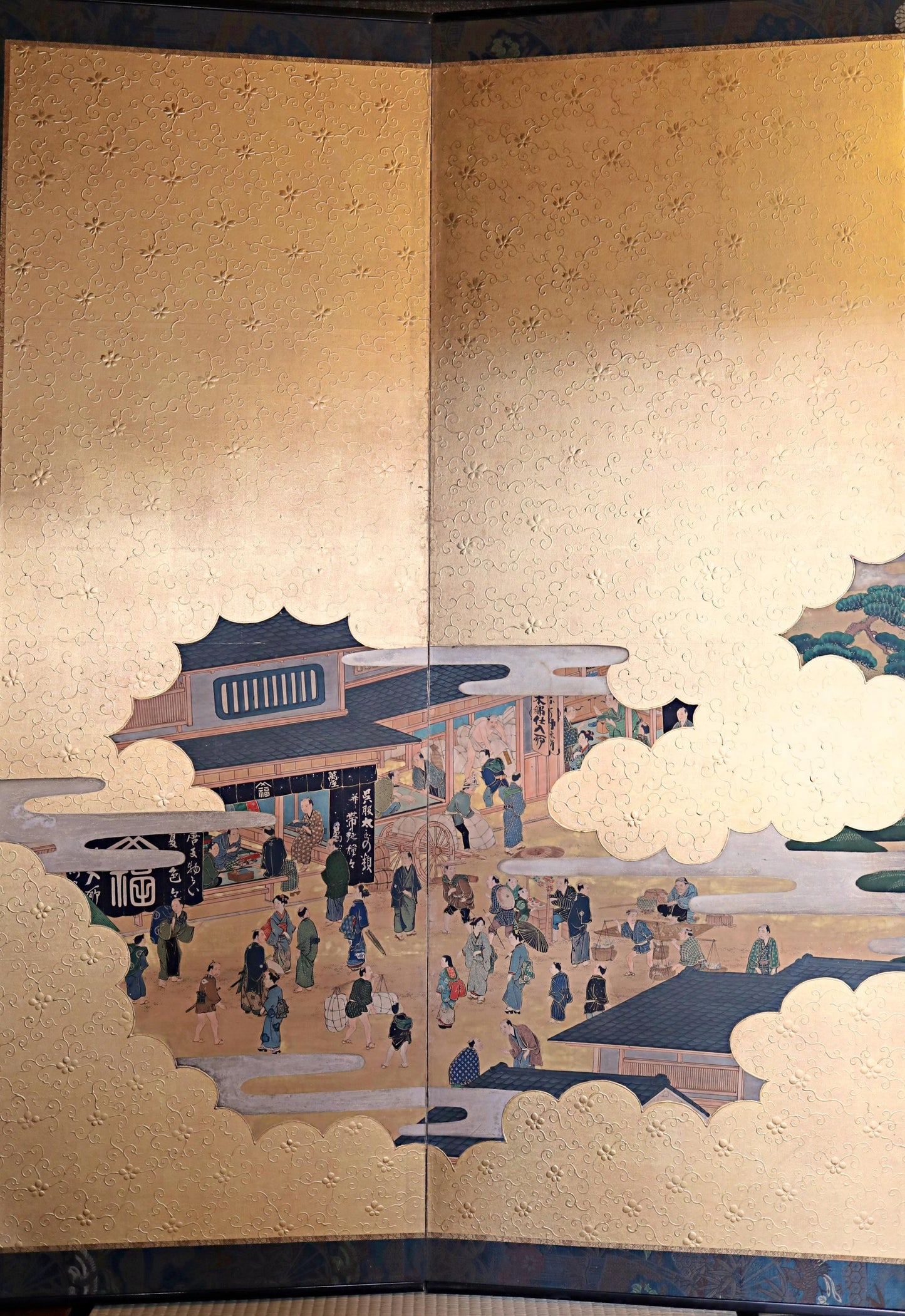 Japanese Folding Screen - Antique Byobu Screen with Gold Leaf Clouds & 1800s Art