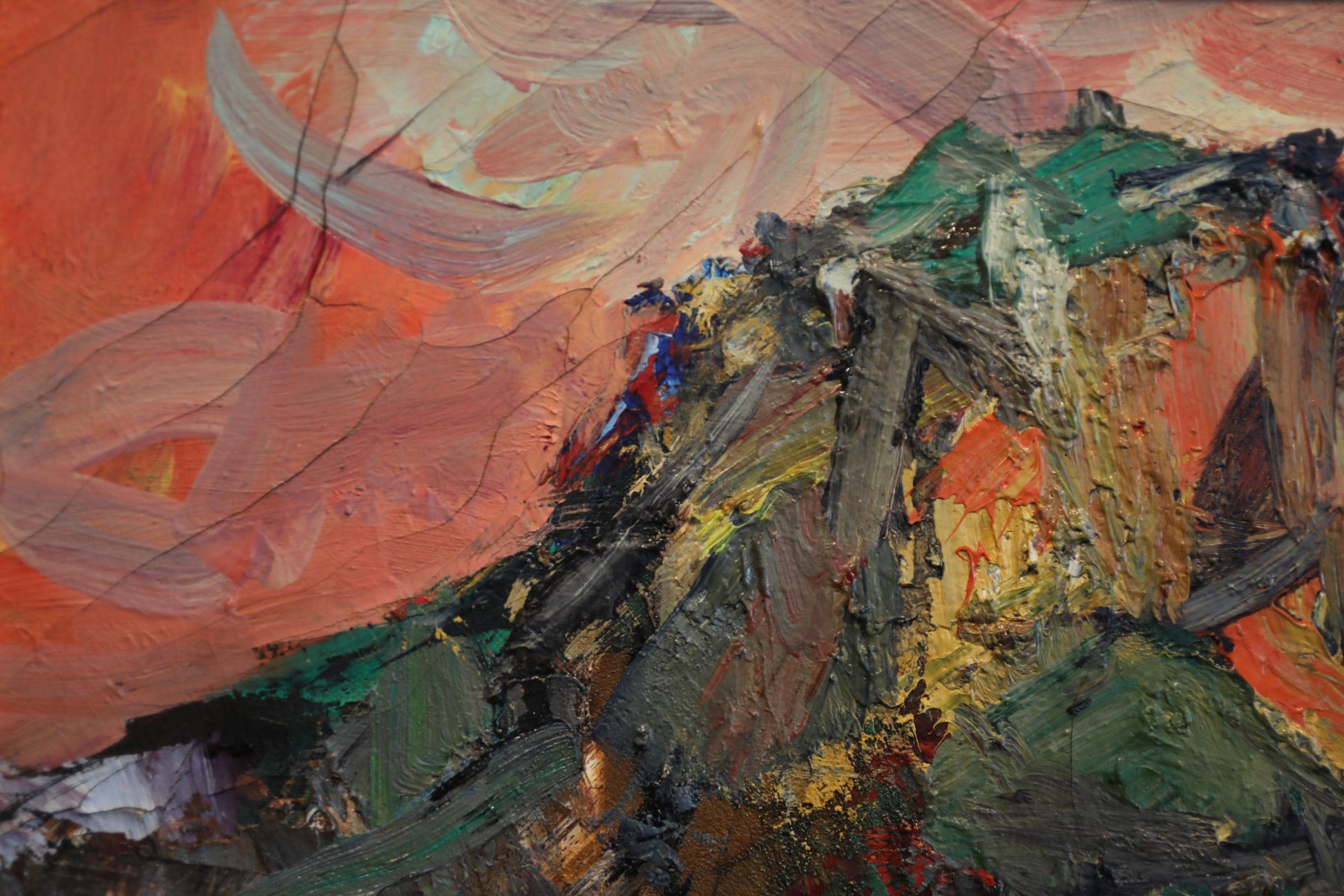 The image is an abstract painting with bold, expressive brushstrokes in various colors including red, orange, green, and blue. The painting appears to be a dynamic and energetic representation of a landscape or natural scene.