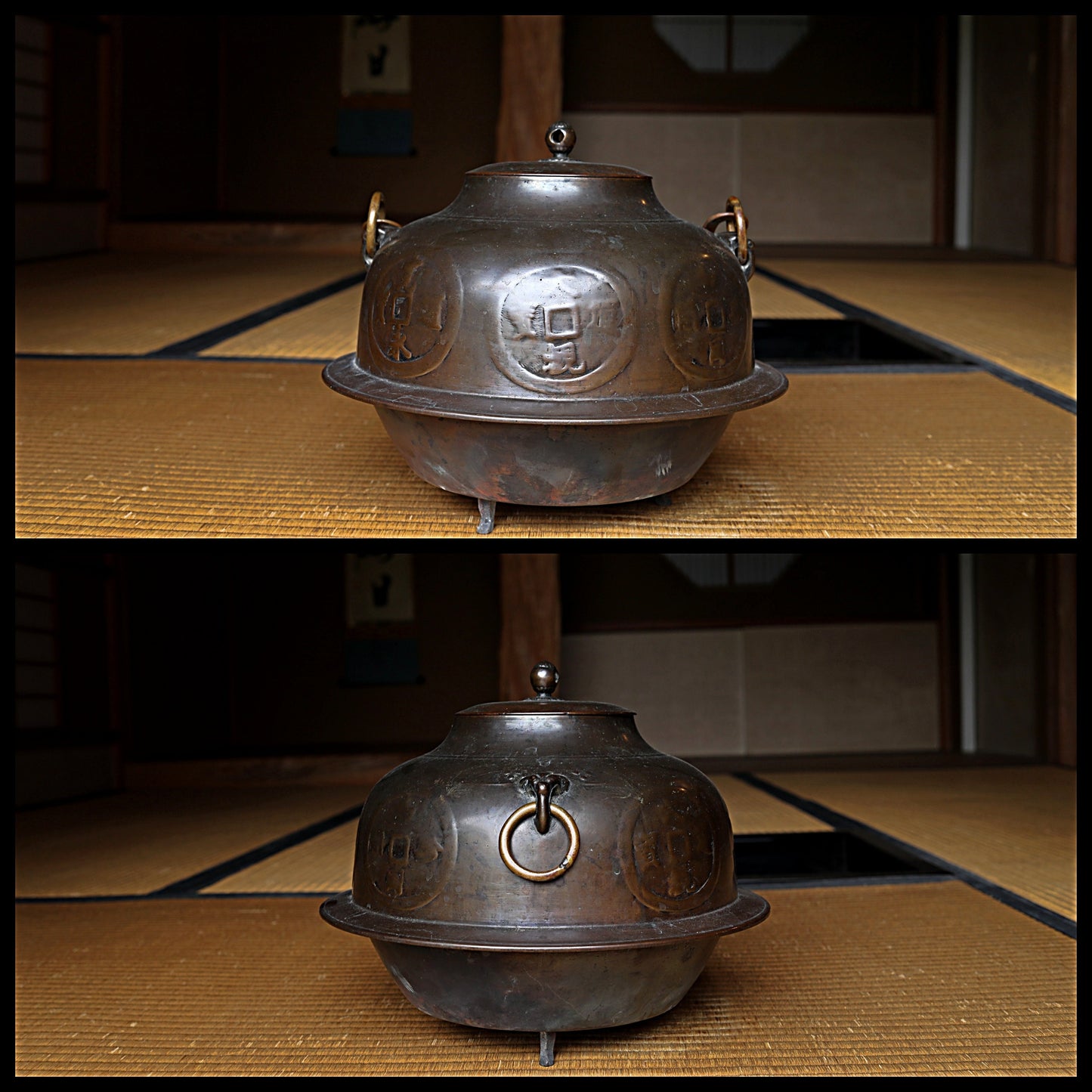 Antique Bronze Tea Kettle – Japanese Tea Ceremony Kettle with Kanji Coin Design