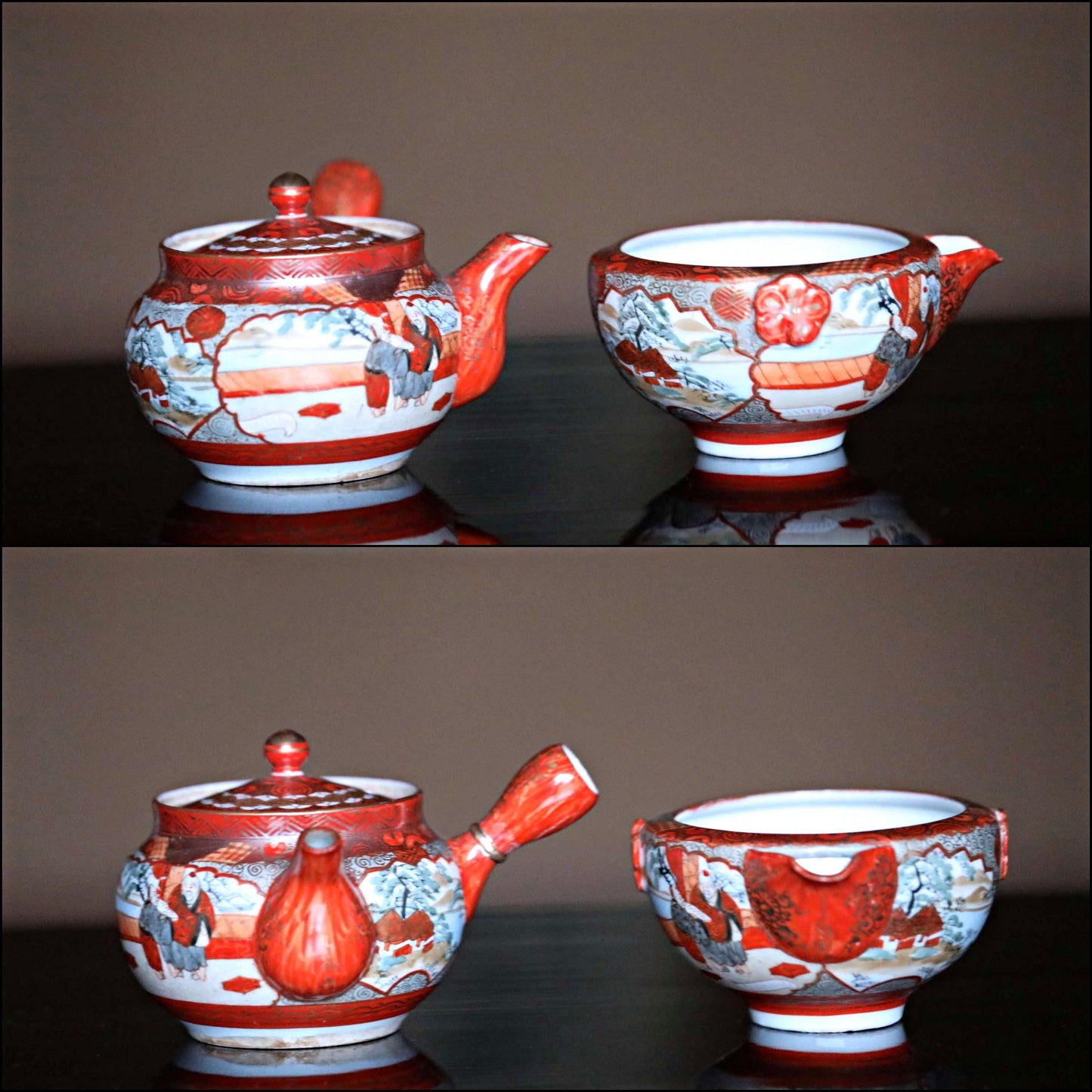 Kutani Tea Set - Vintage Japanese Ceramic Cups With Red Gold Tableware & Gold Ring Pot