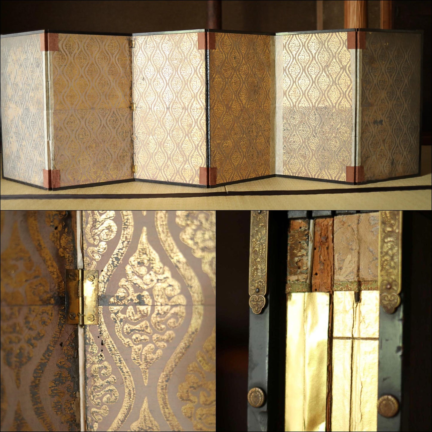 Japanese Gold Leaf Screen - Antique Edo Period Folding Byobu With Bamboo Painting