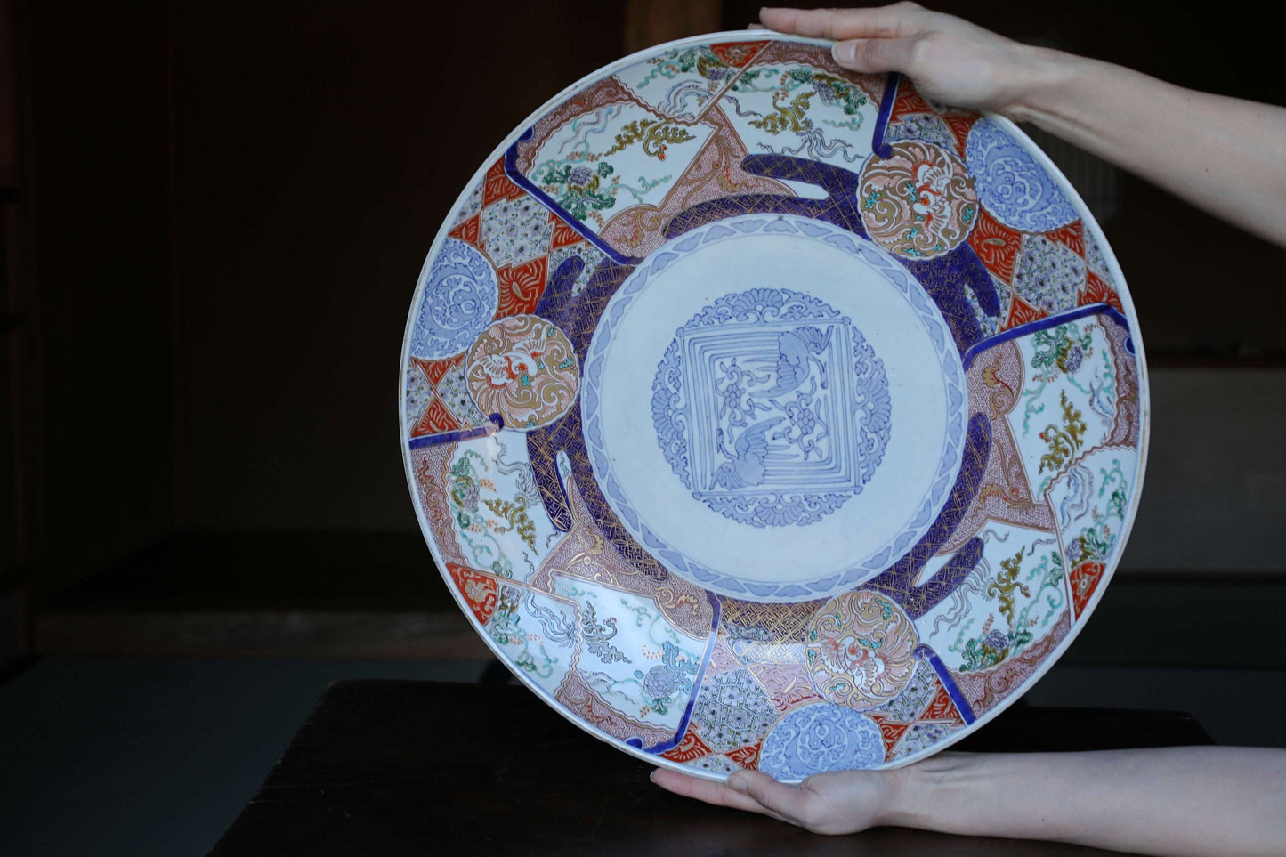 Antique Imari Platter – Large 18in Japanese Porcelain Plate with Phoenix Bird & Flower Design