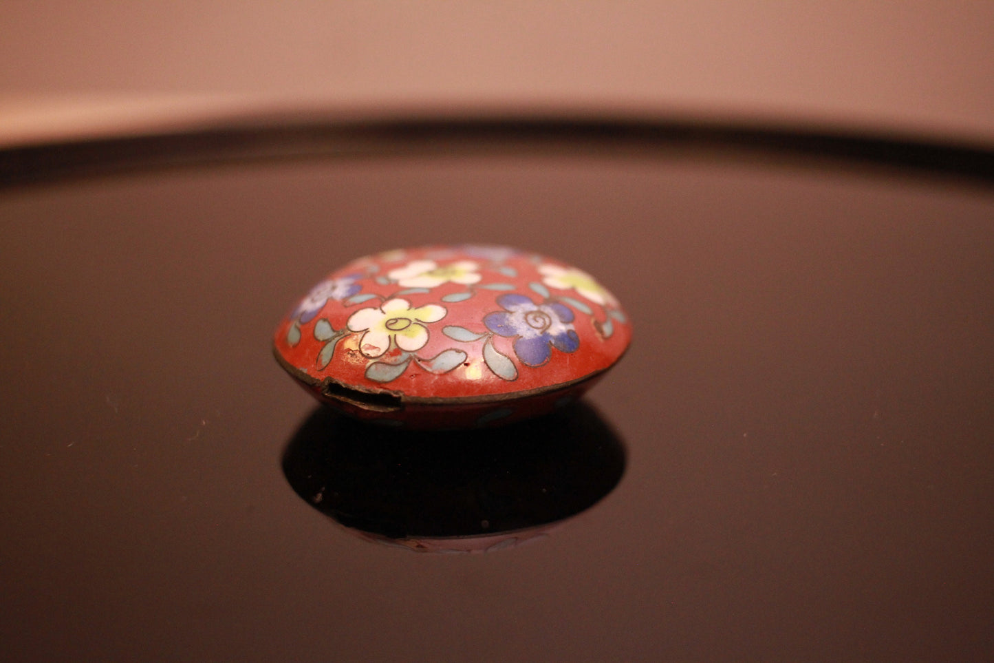Antique Cloisonne Bead – Japanese Ojime Bead With Red Floral Motif & Silver Fittings