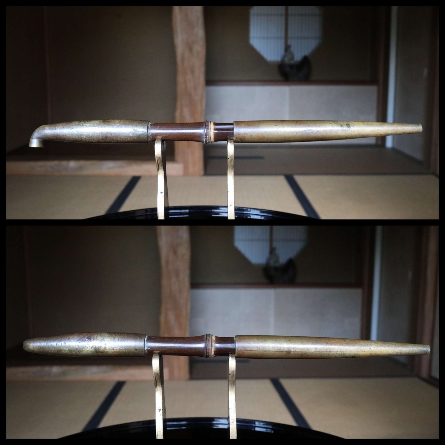 Japanese Antique Kiseru Pipe - Rare Edo Period Brass & Silver Tobacco Pipe With Dragon Engraved Leather Case