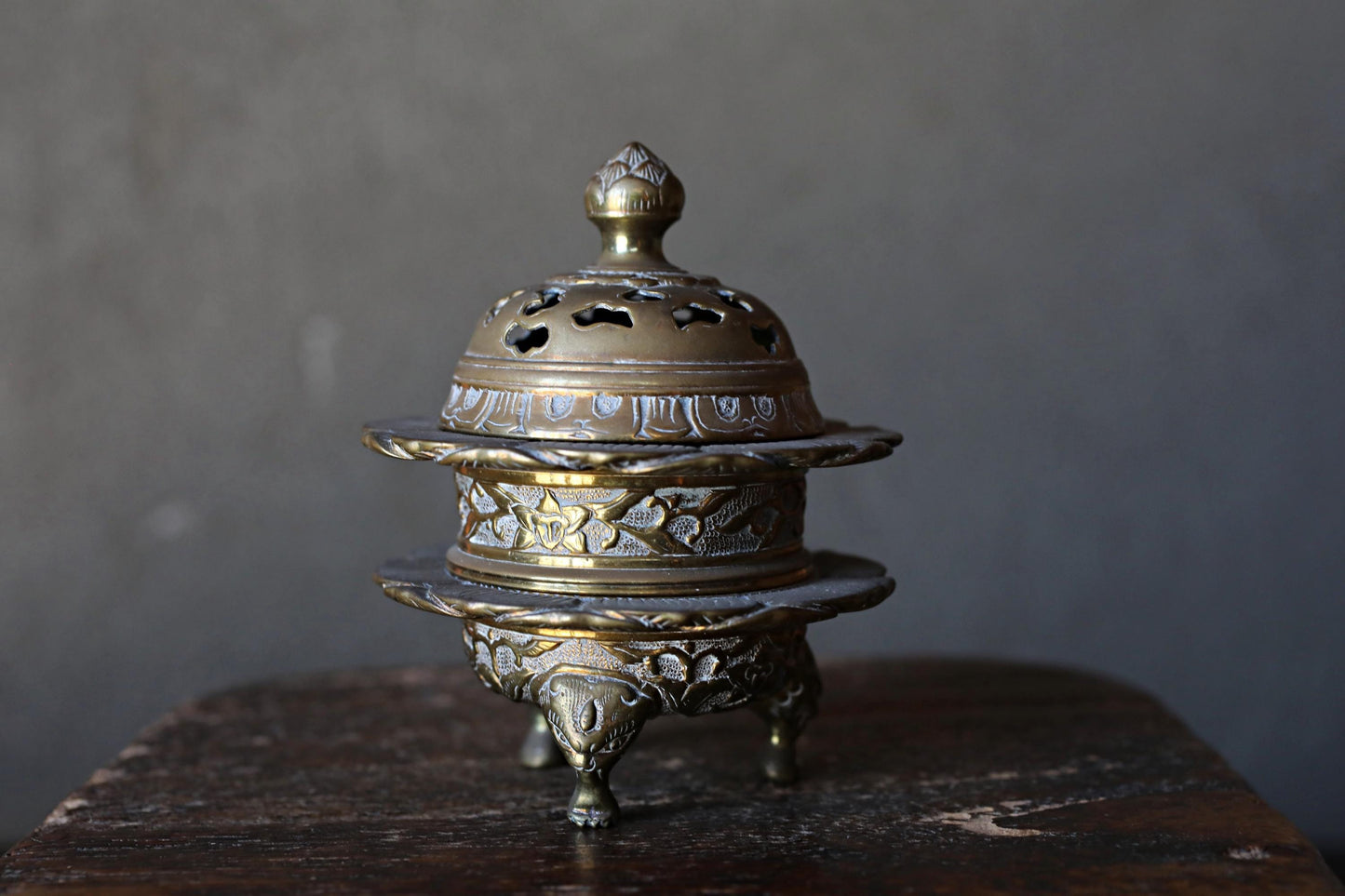 Antique Brass Censer - Buddhist Incense Burner With Lotus Flower Lid & Lion-Footed Design
