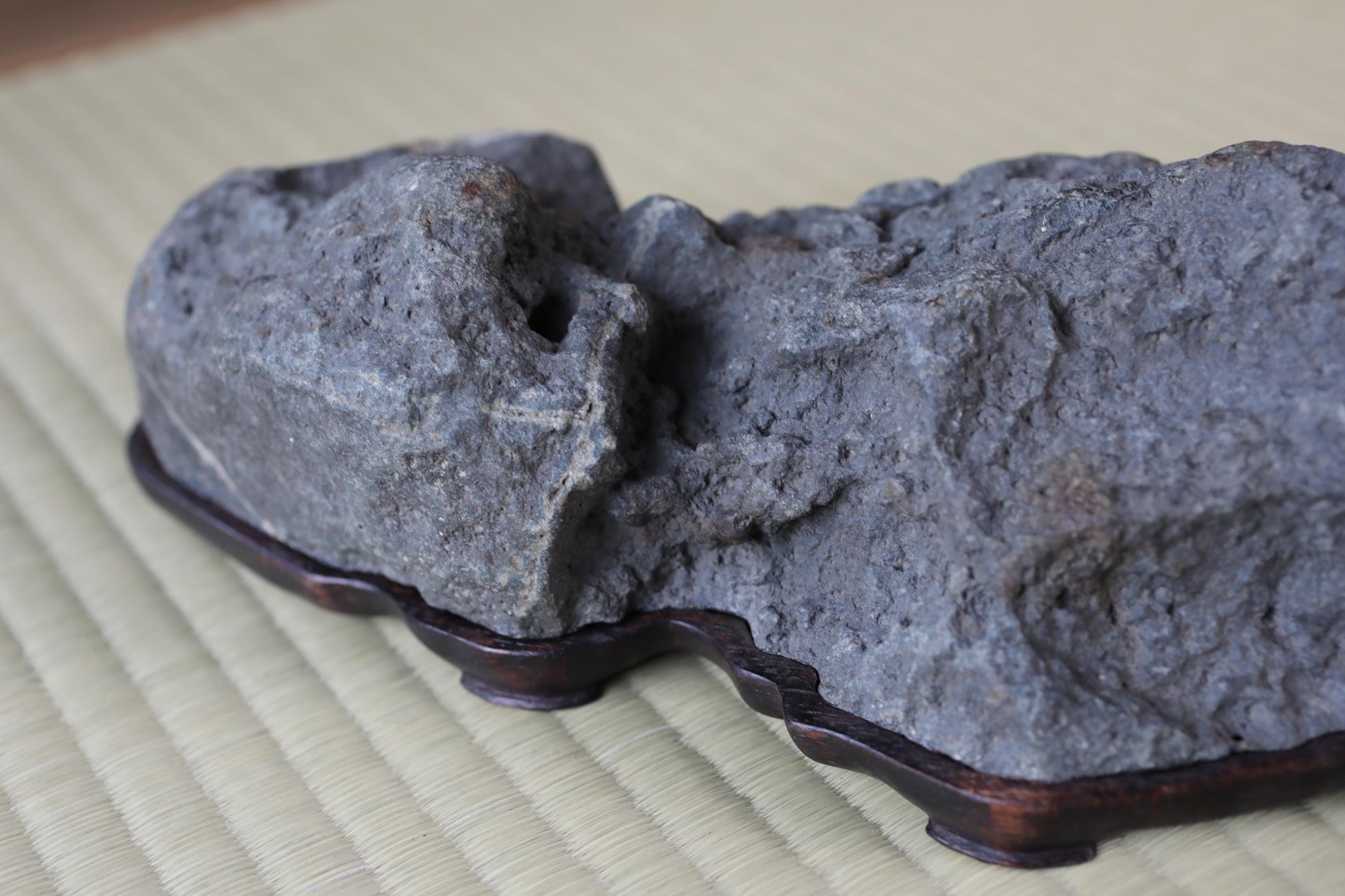 A close-up image of a large, gray rock with a rough, jagged surface, resting on a wooden stand.