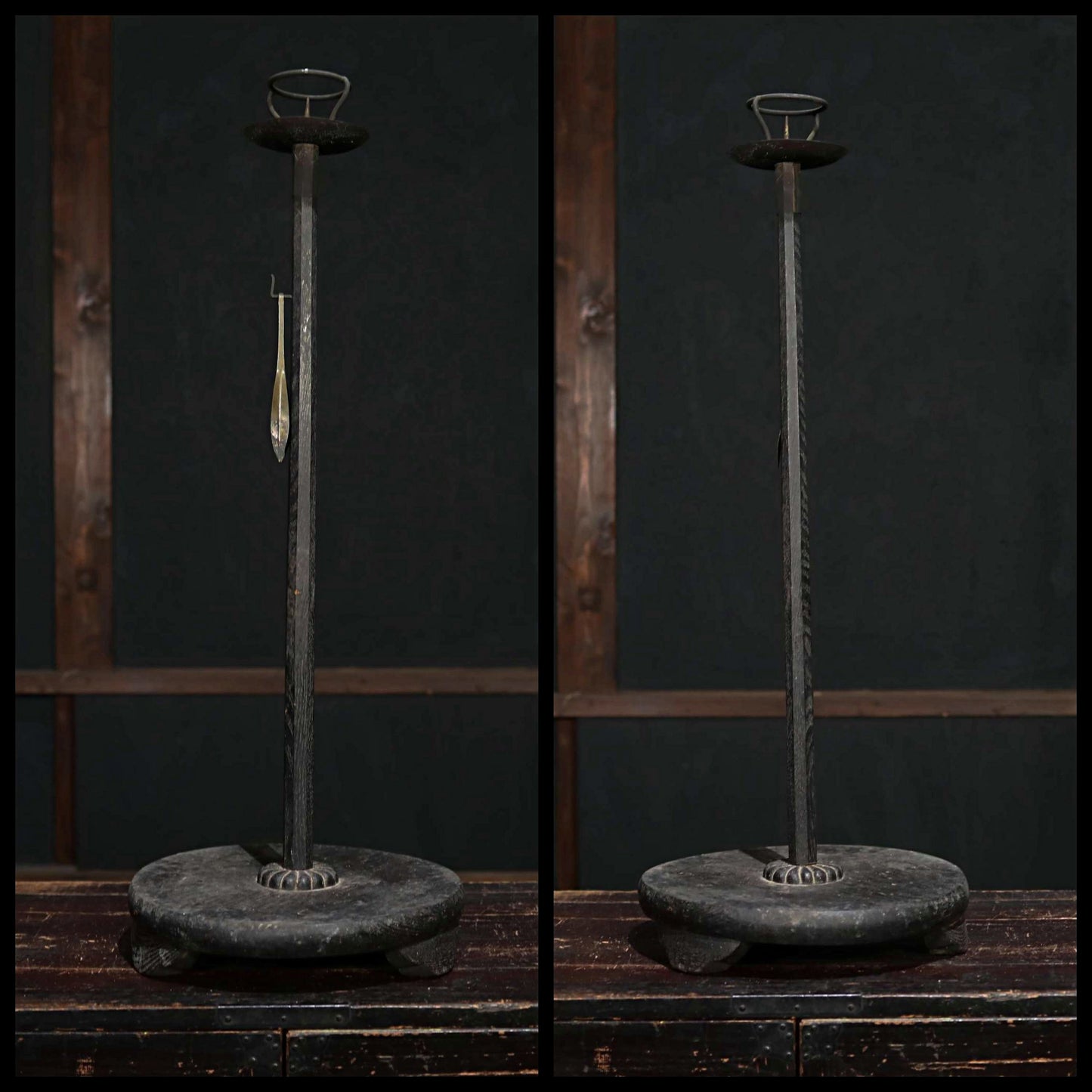 Antique Wooden Candlestick - Large Japanese Edo Period Lantern With Flower Carved Base