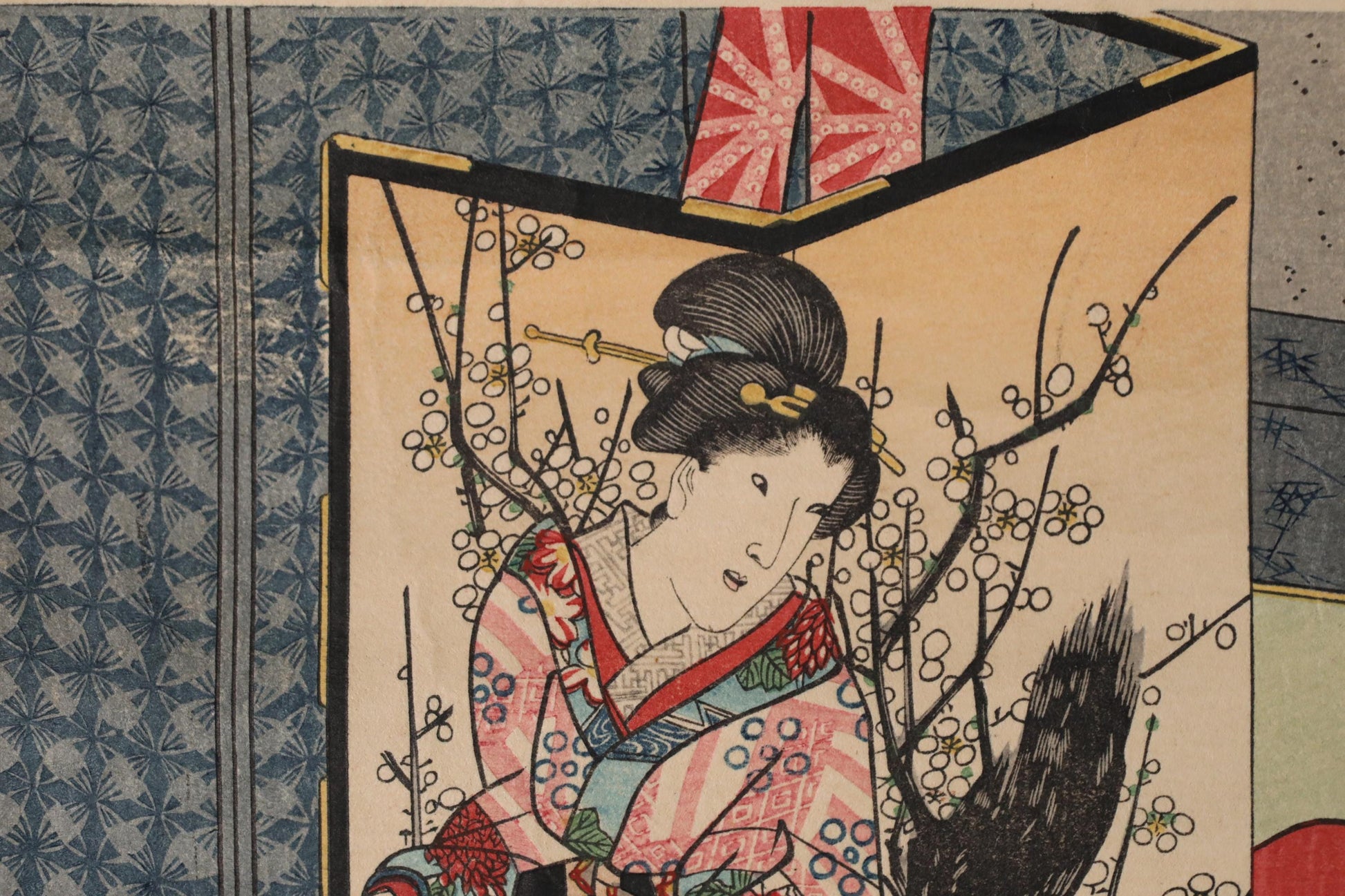 The image is a Japanese woodblock print featuring a woman in traditional Japanese attire, surrounded by floral elements and a geometric pattern.