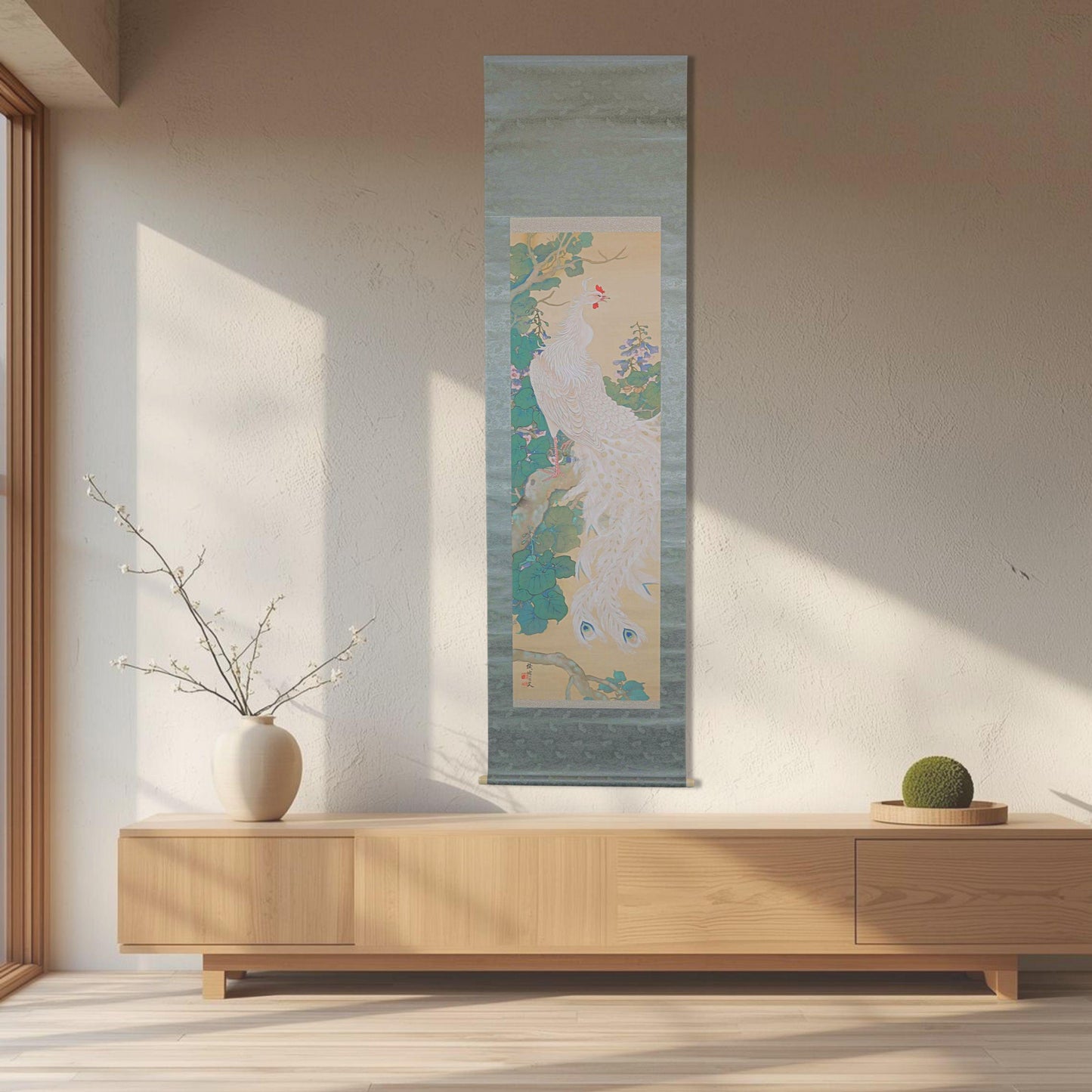 Japanese Antique Scroll Painting - Signed Kakejiku Artwork with Phoenix on Paulownia Silk Mounted Scroll