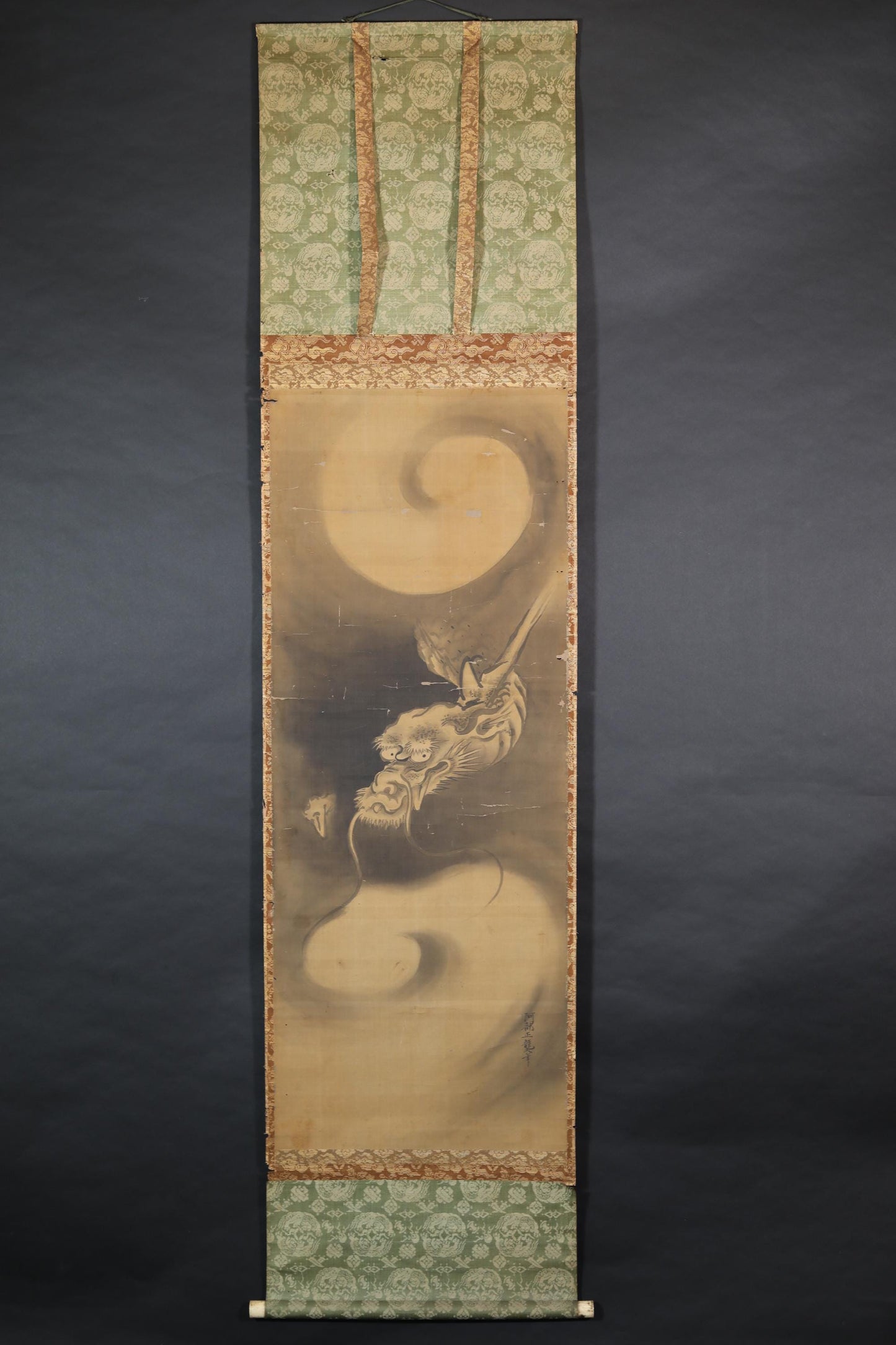 Antique Japanese Dragon Scroll – Edo Period Art | Rising Dragon Painting on Silk Brocade