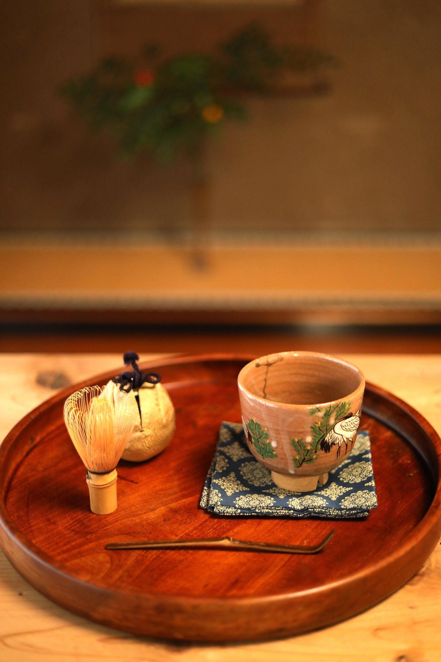 Japanese Wooden Tray - Vintage Round Wood Grain Obon for Tea Ceremony 13in