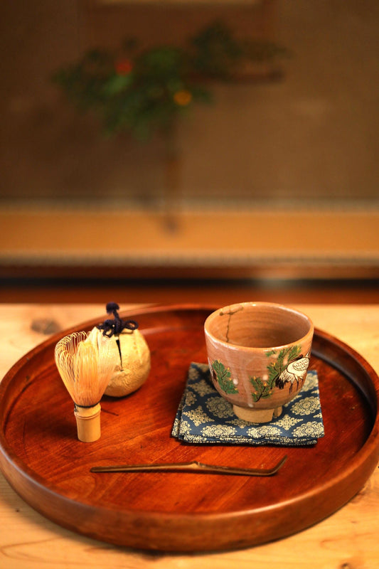 Japanese Wooden Tray - Vintage Round Wood Grain Obon for Tea Ceremony 13in
