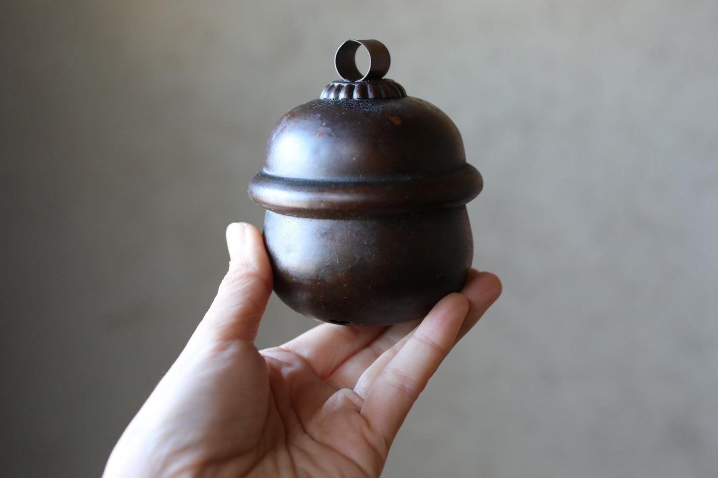 A hand holding a dark brown, round object with a decorative top.