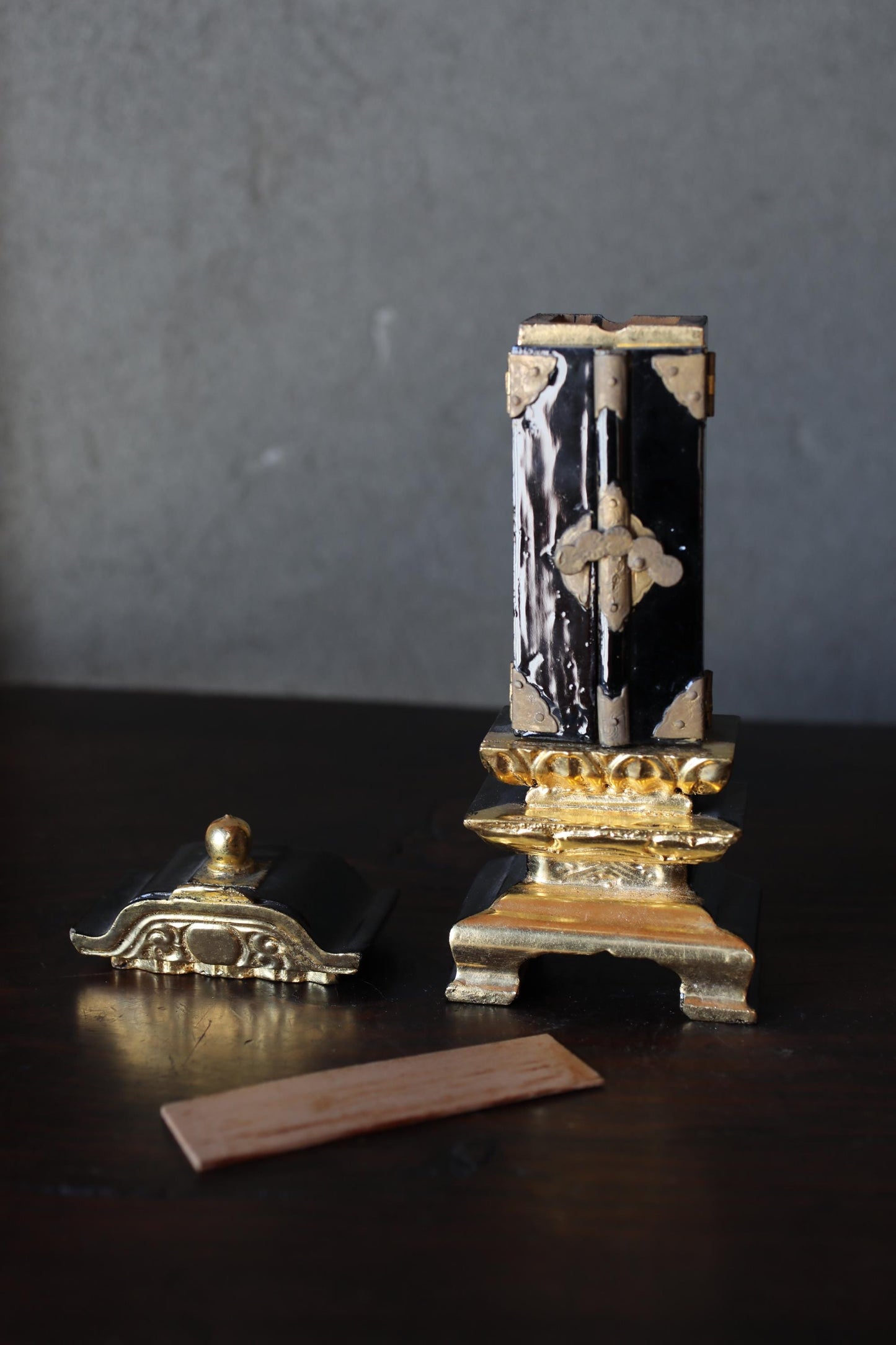 Japanese Buddhist Ihai Shrine - Vintage Gold Lacquer Miniature Temple Altar