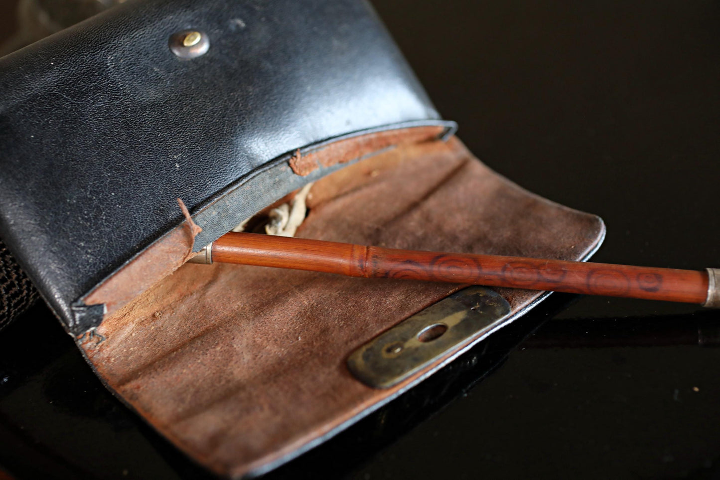 Antique Silver Smoking Pipe | Japanese Vintage Sterling Silver Pipe With Bamboo & Leather Case