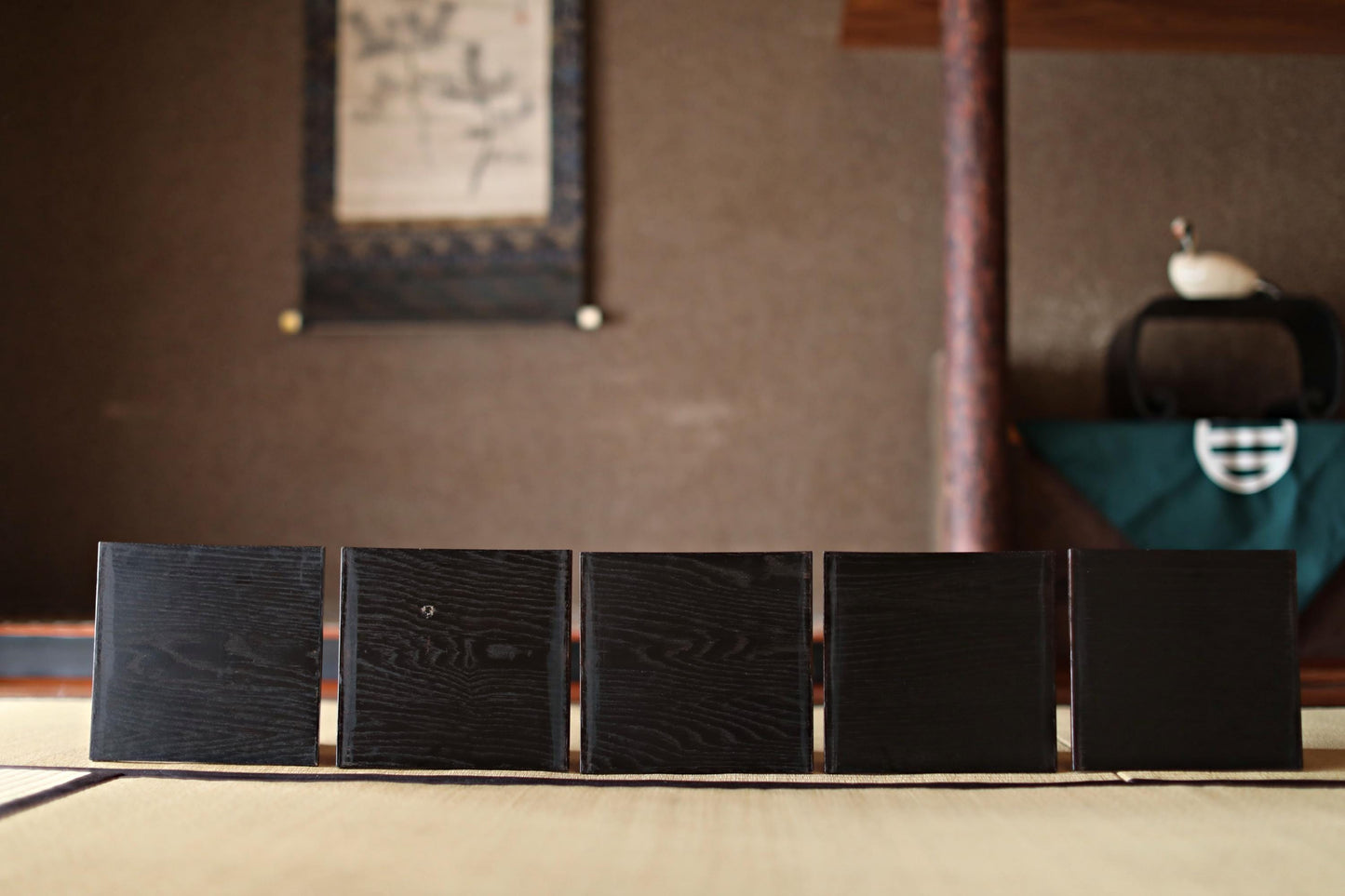 Japanese Lacquer Trays - Set of 5 Antique Wooden Trays with Black Obon Box