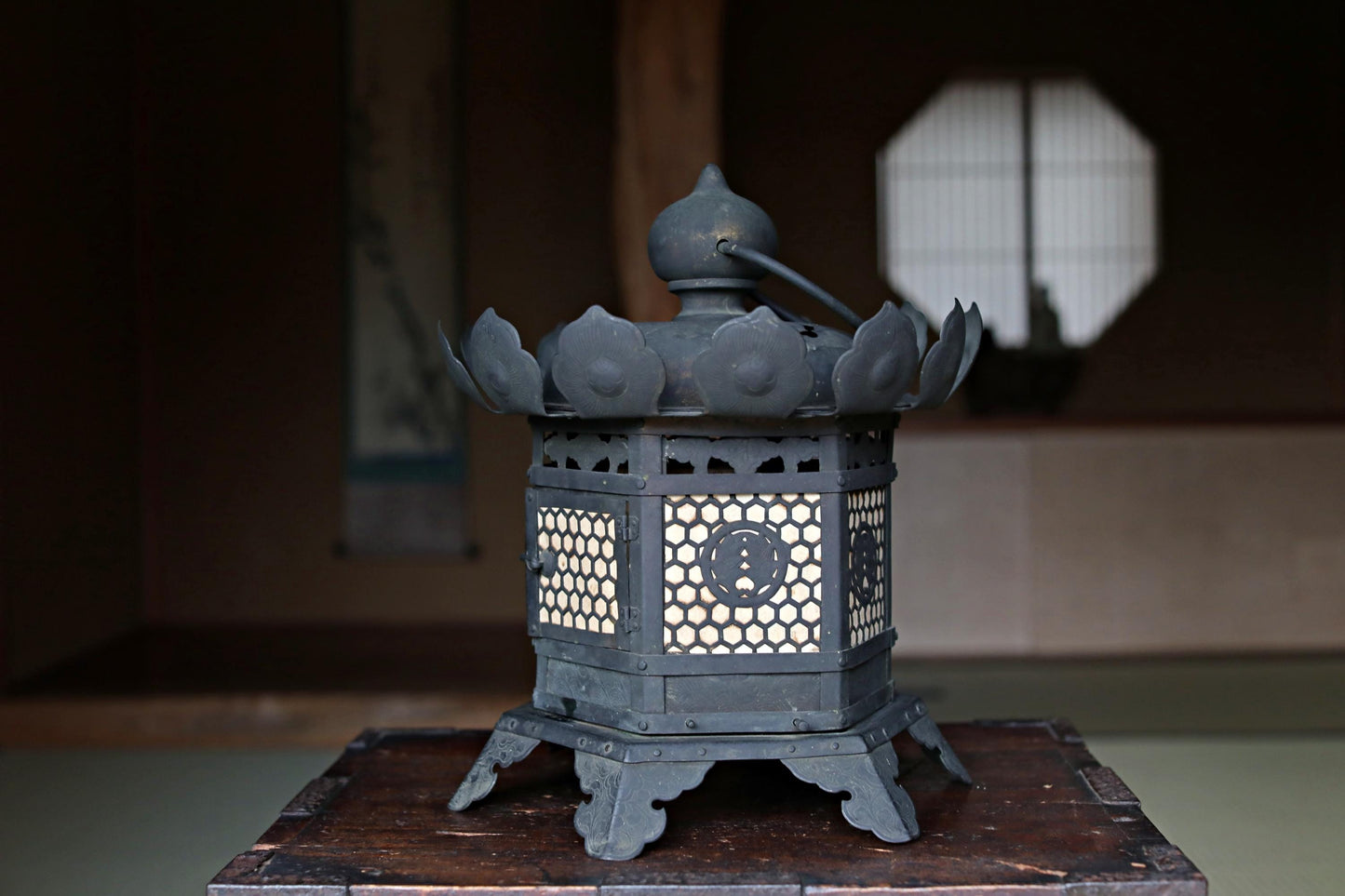 Japanese Buddhist Lantern - Antique Bronze Hanging Temple Lantern with Lotus Flower Design