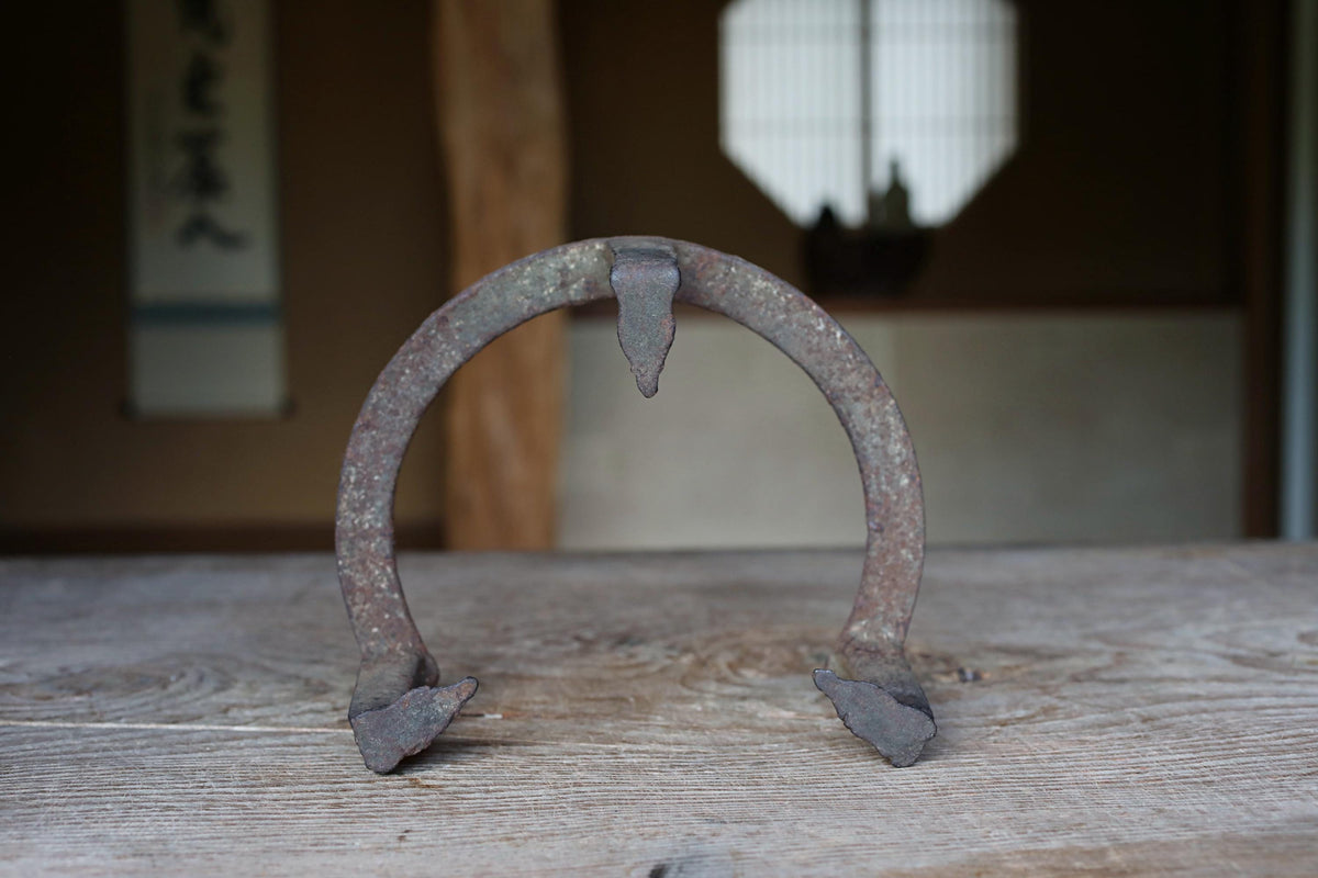 An old, rusted horseshoe sits on a wooden surface, with a window and a wall visible in the background.