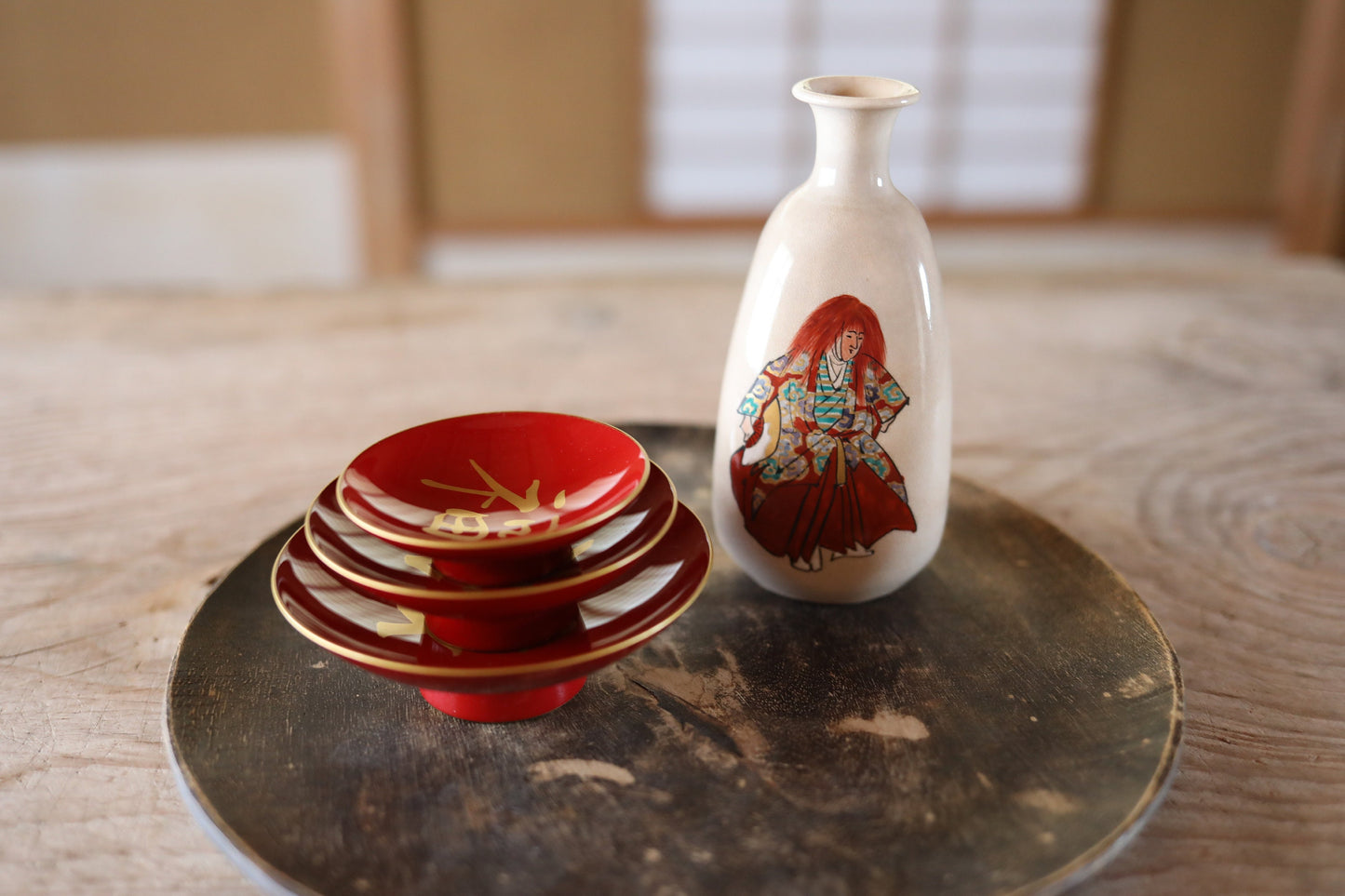 Vintage Sake Cup Set – Japanese Lacquer Urushi Makie Gold Kanji Celebration Cups