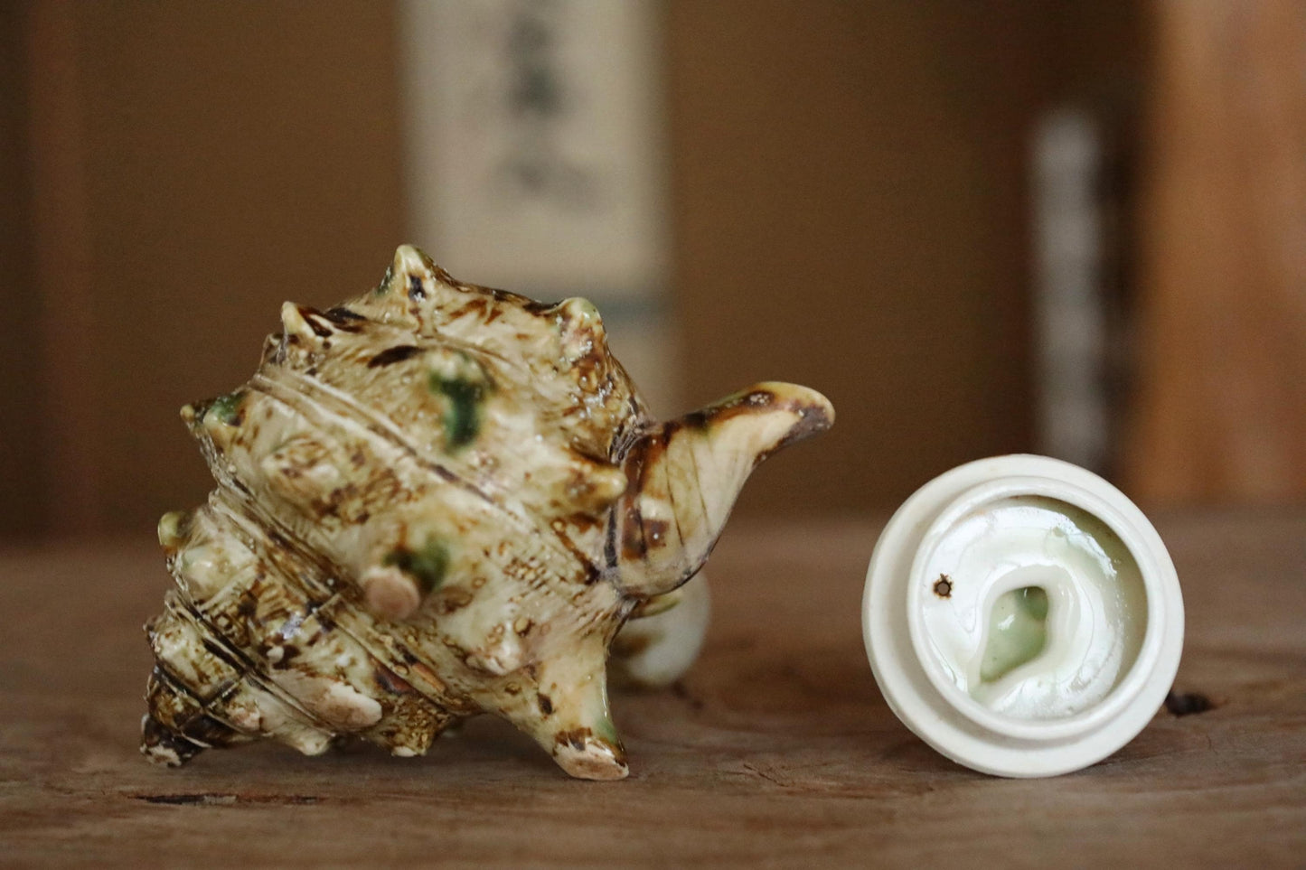 Vintage Ceramic Teapot - Japanese Sencha Tea Pot with Turban Shell Design & Green Oribe Glaze