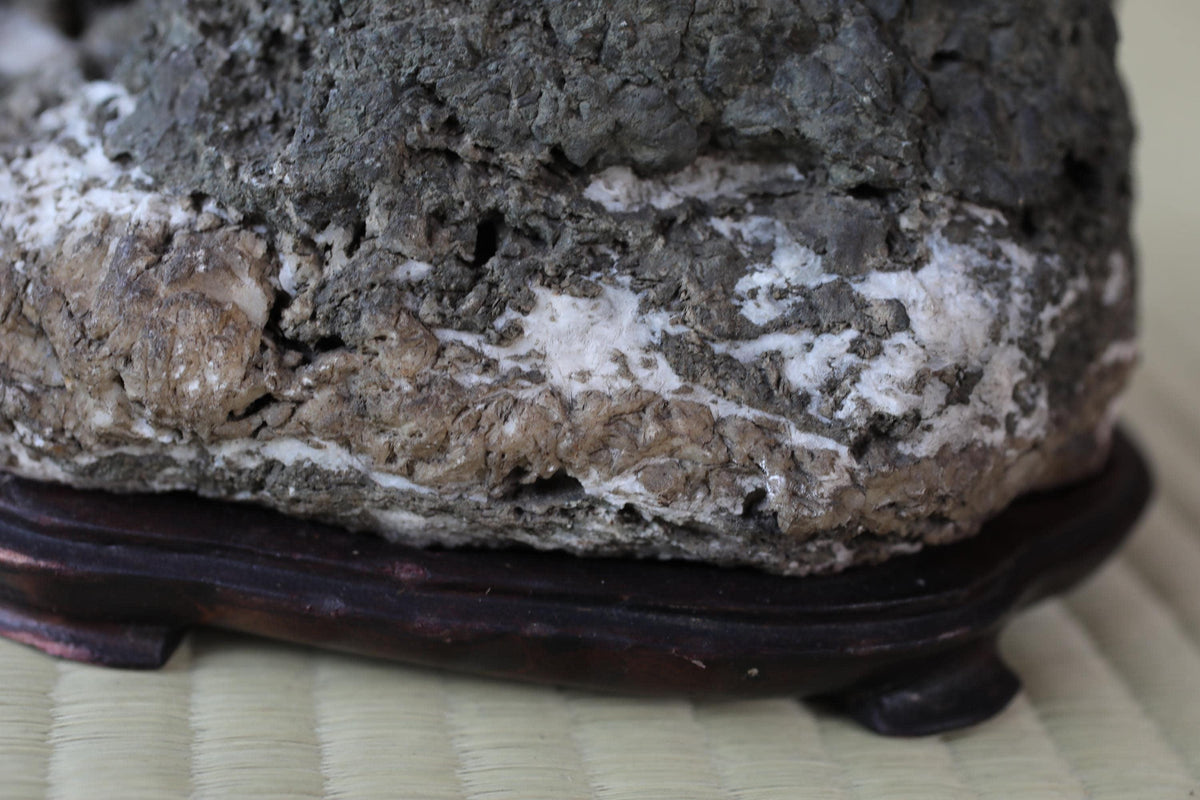 a close-up view of a rock or stone with a rough, textured surface. The rock is placed on a wooden stand or base, which is positioned on a woven mat or mat-like surface.