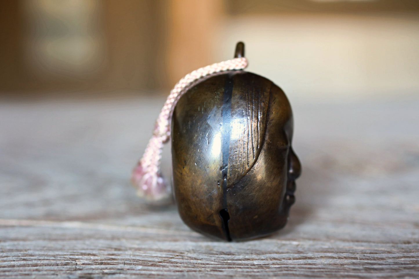 Vintage Bronze Bell - Japanese Noh Mask Koomote Ornament Paperweight 3in