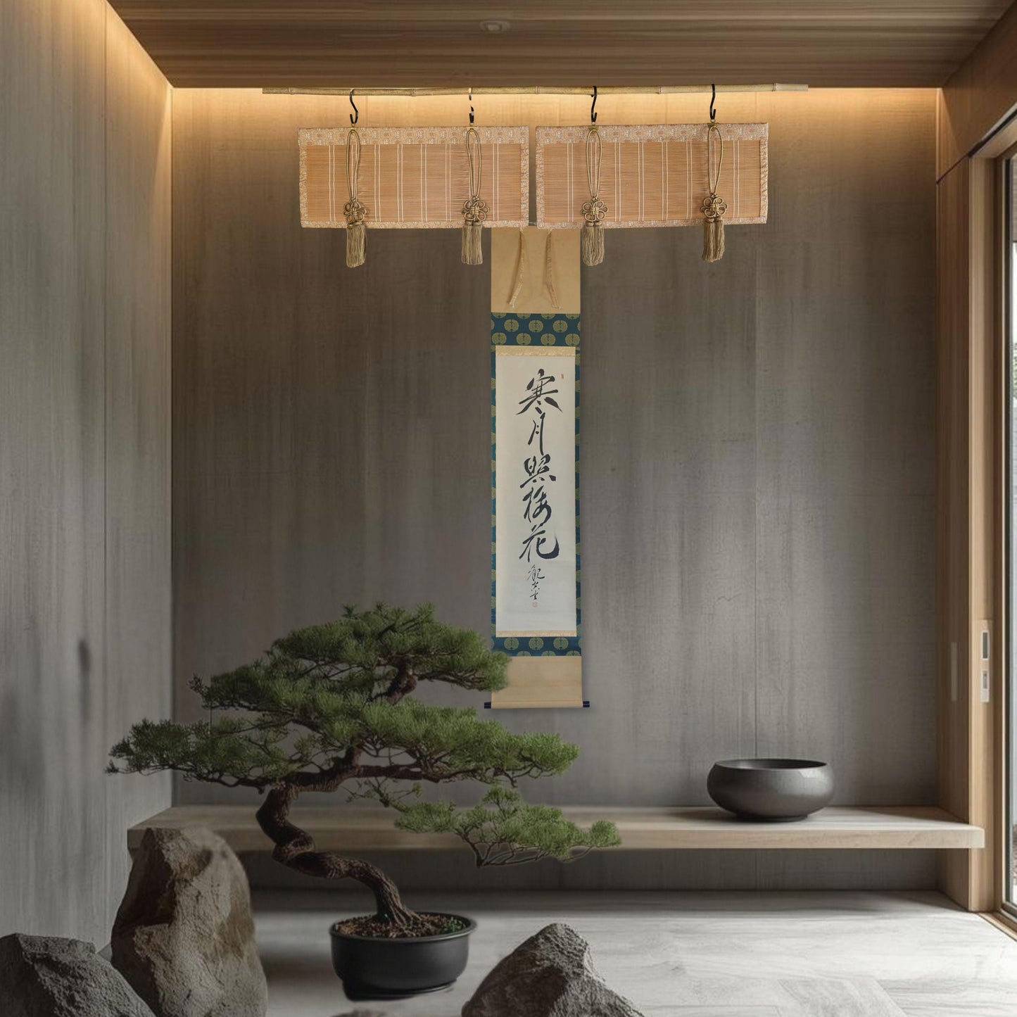 a serene and minimalist interior space, featuring a bonsai tree on a wooden shelf, a hanging light fixture, and a wall hanging with Japanese characters.
